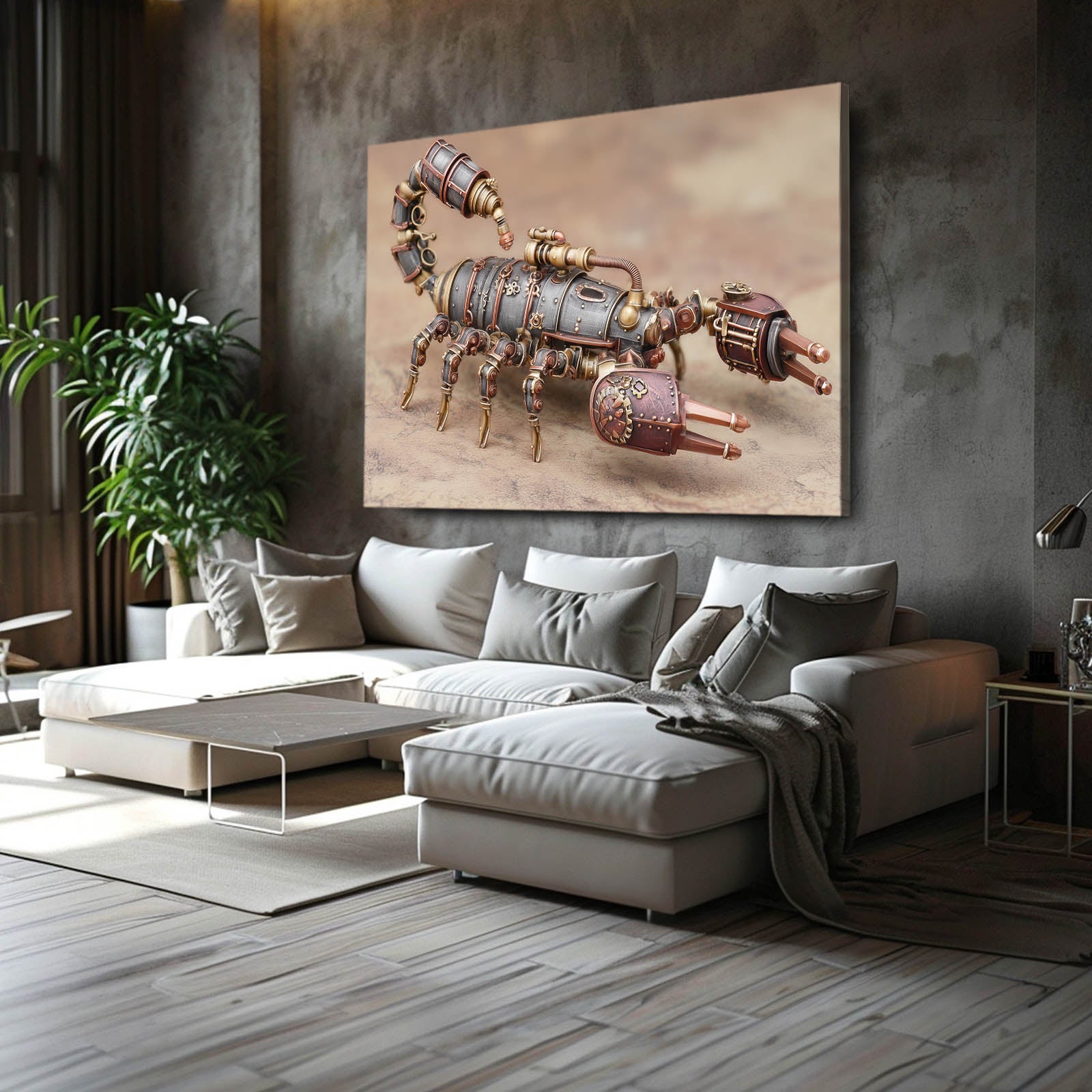 Copper Mechanical Scorpion Steampunk Prints – styled in a furnished interior
