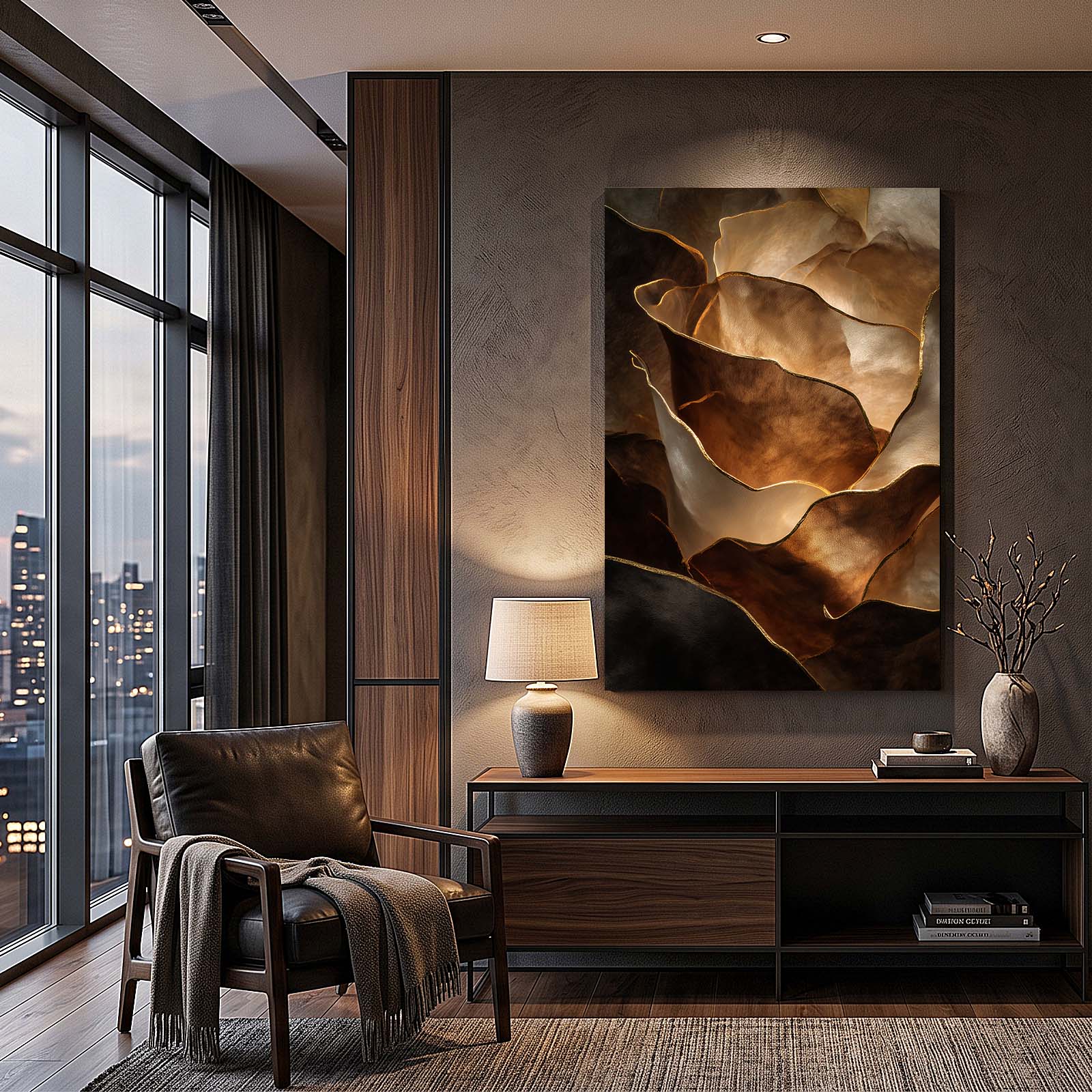 Copper Petal Folds Gold Wall Decor – styled in a furnished interior