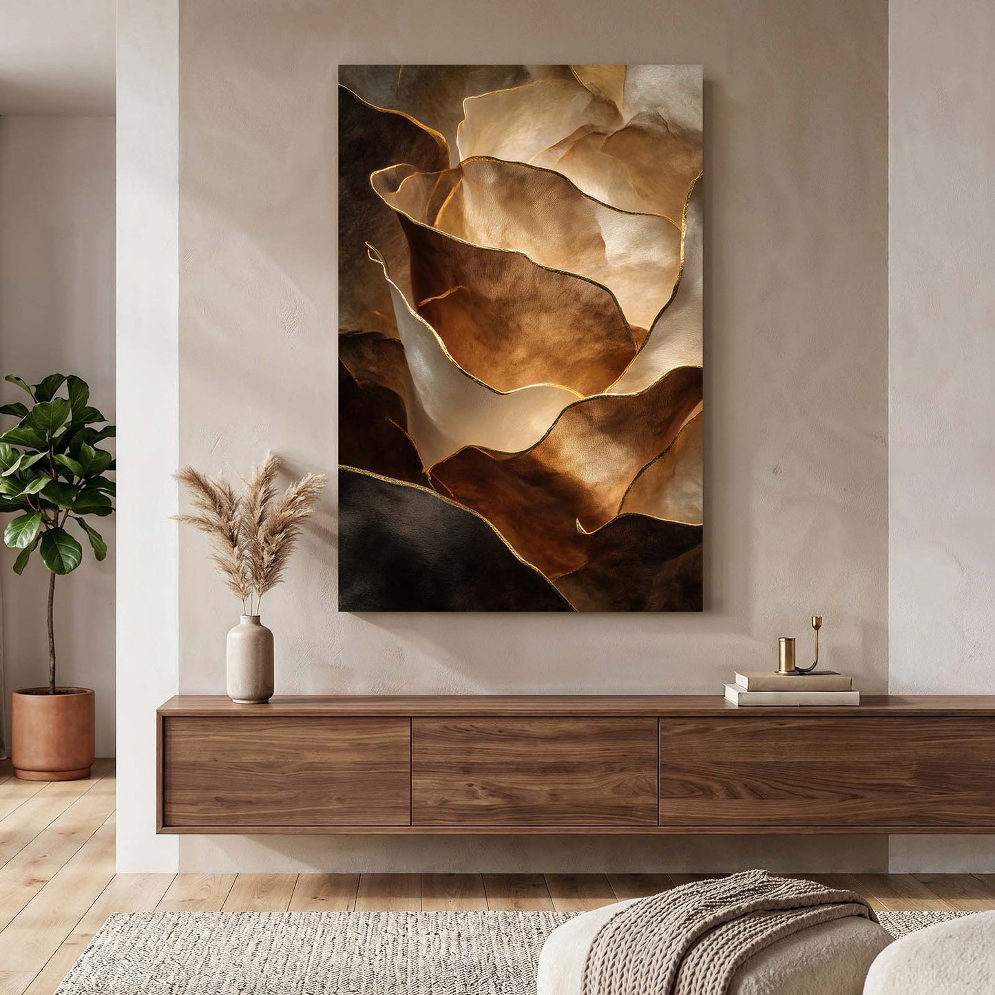 Copper Petal Folds Gold Wall Decor – styled in a furnished interior