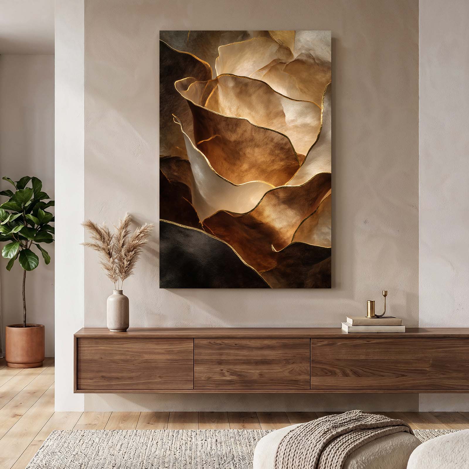 Copper Petal Folds Gold Wall Decor – styled in a furnished interior