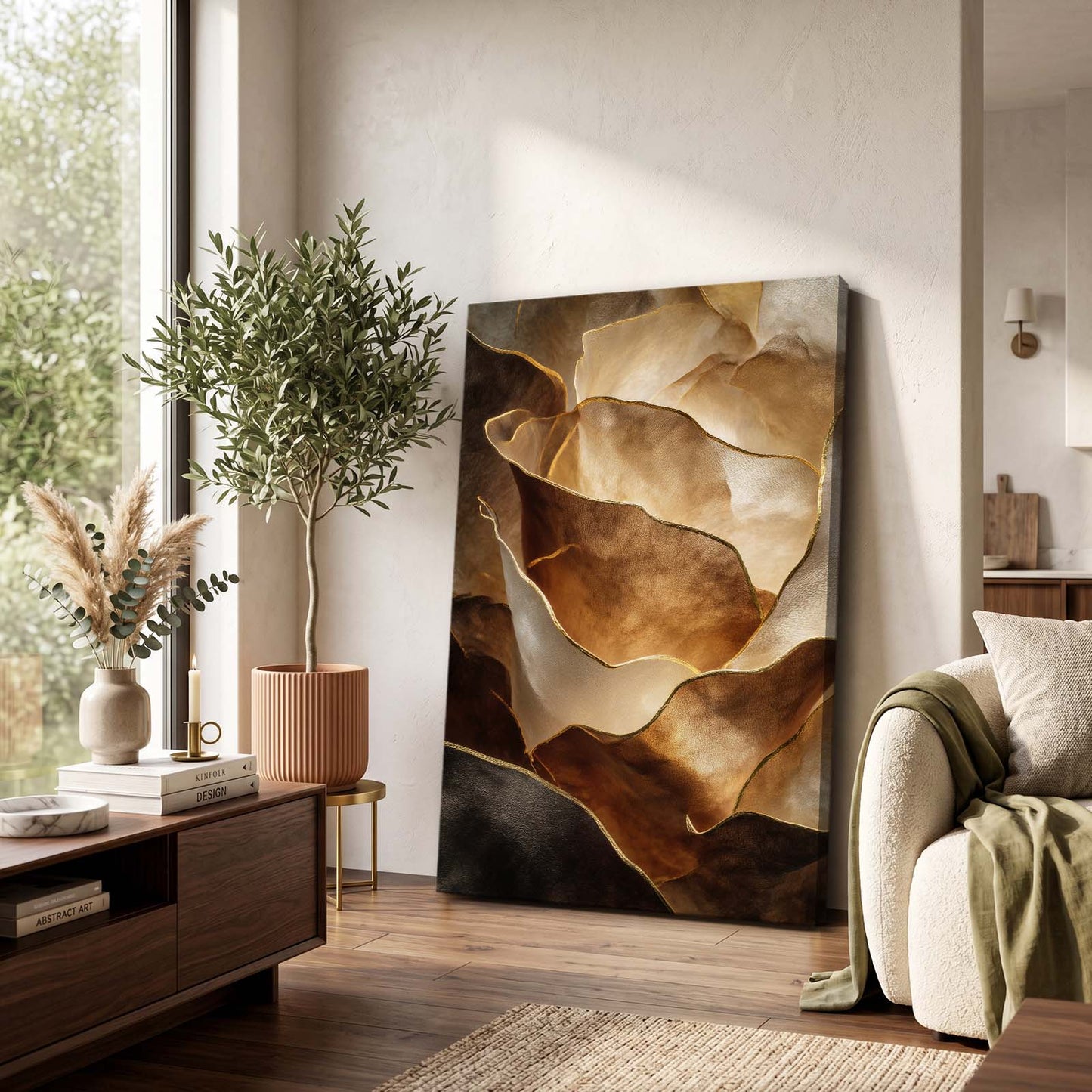 Copper Petal Folds Gold Wall Decor – styled in a furnished interior
