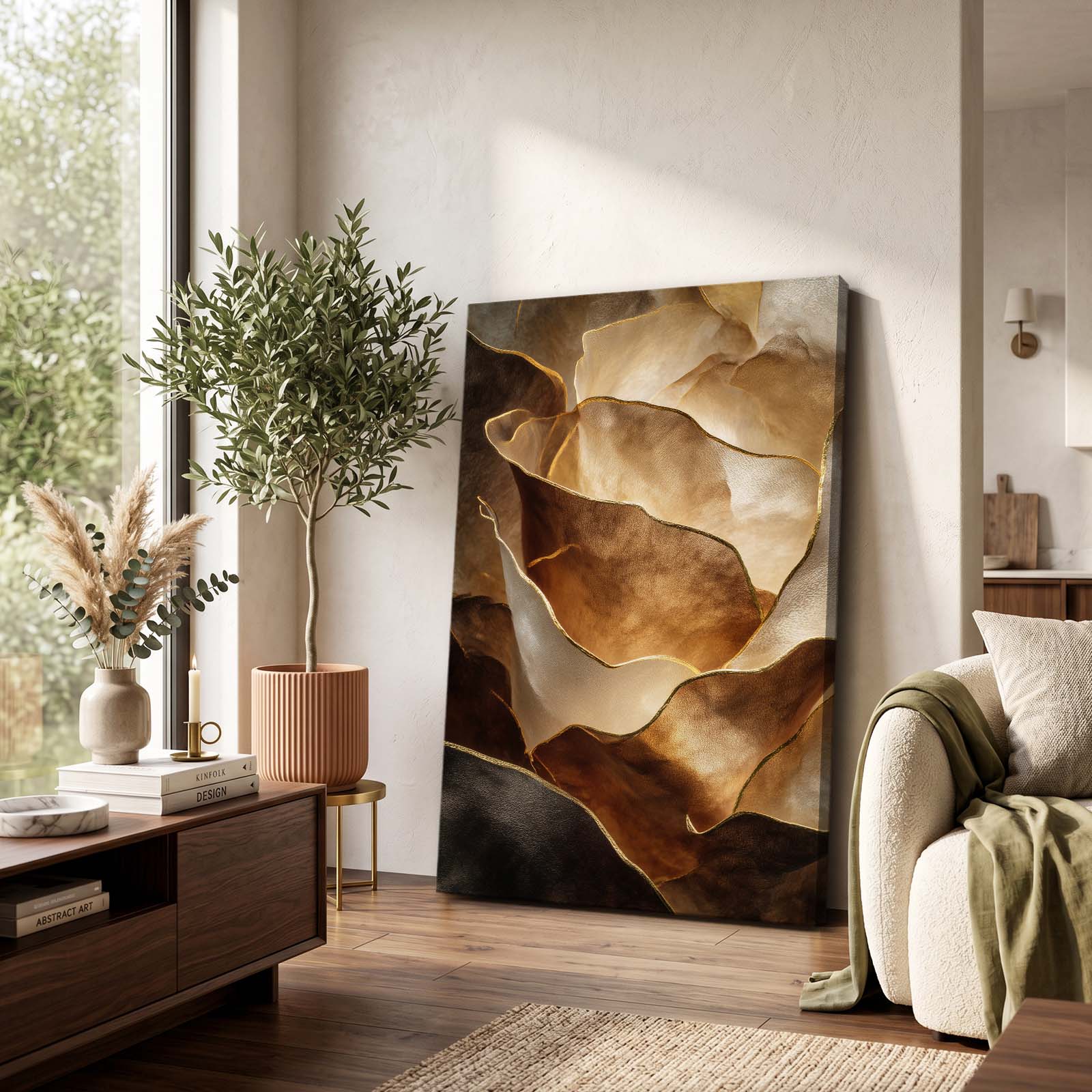 Copper Petal Folds Gold Wall Decor – styled in a furnished interior