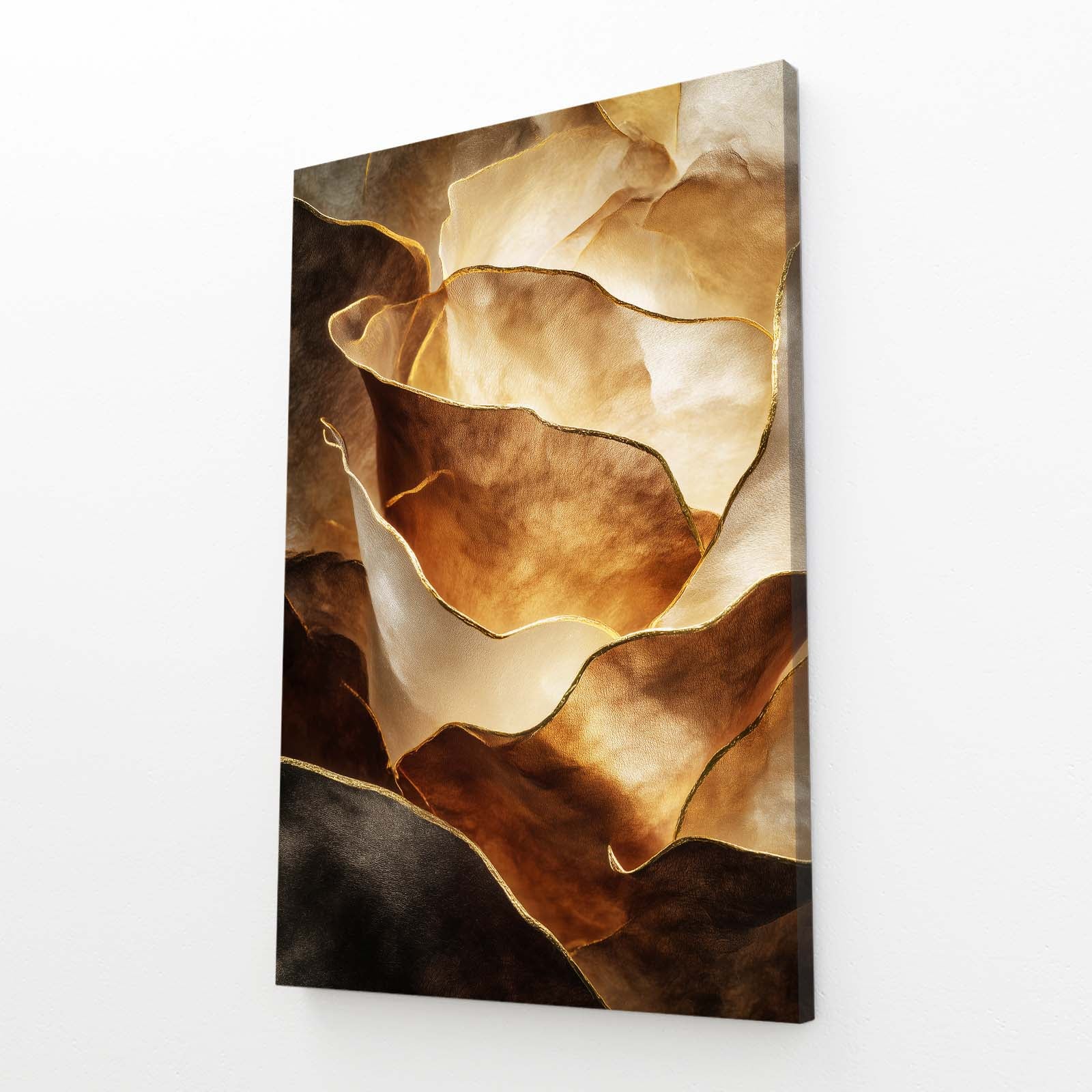 Copper Petal Folds Gold Wall Decor – angled canvas view on white background
