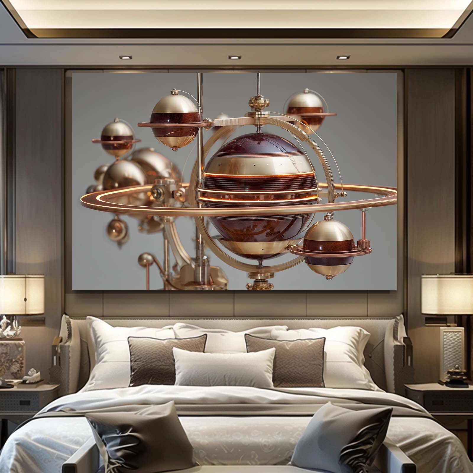 Copper Planetary Orrery Steampunk Prints – styled in a furnished interior
