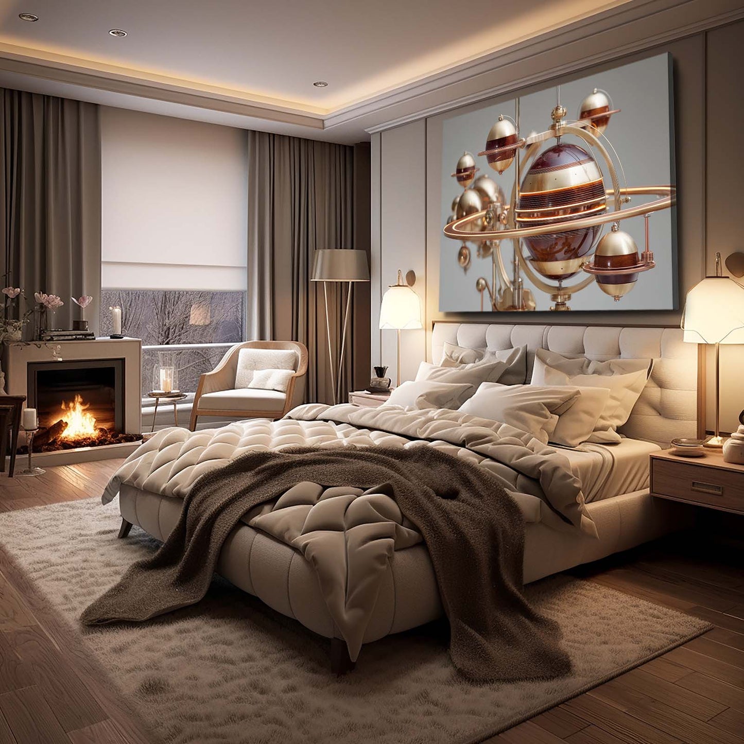 Copper Planetary Orrery Steampunk Prints – styled in a furnished interior