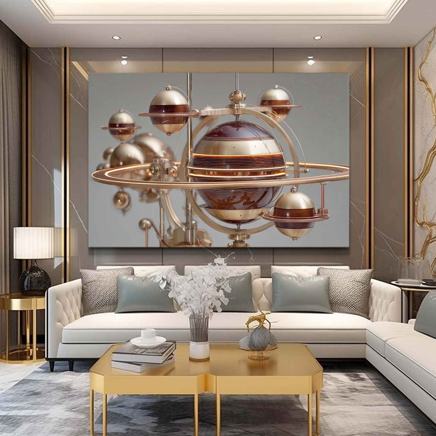 Copper Planetary Orrery Steampunk Prints – styled in a furnished interior