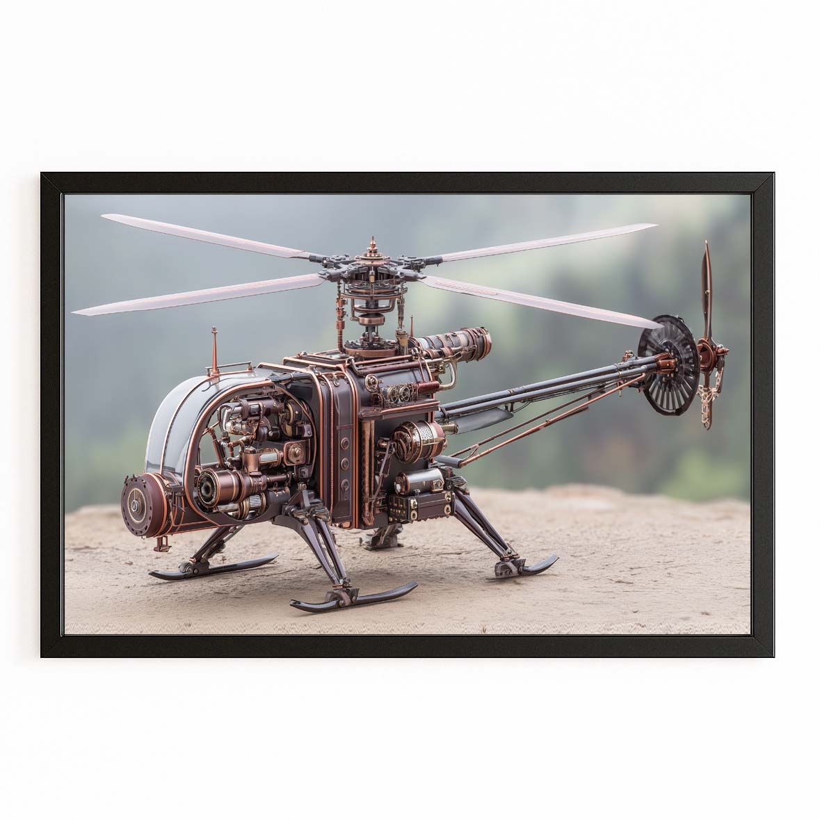 Copper Steam Gyrocopter Steampunk Art – with Premium Black frame on white background