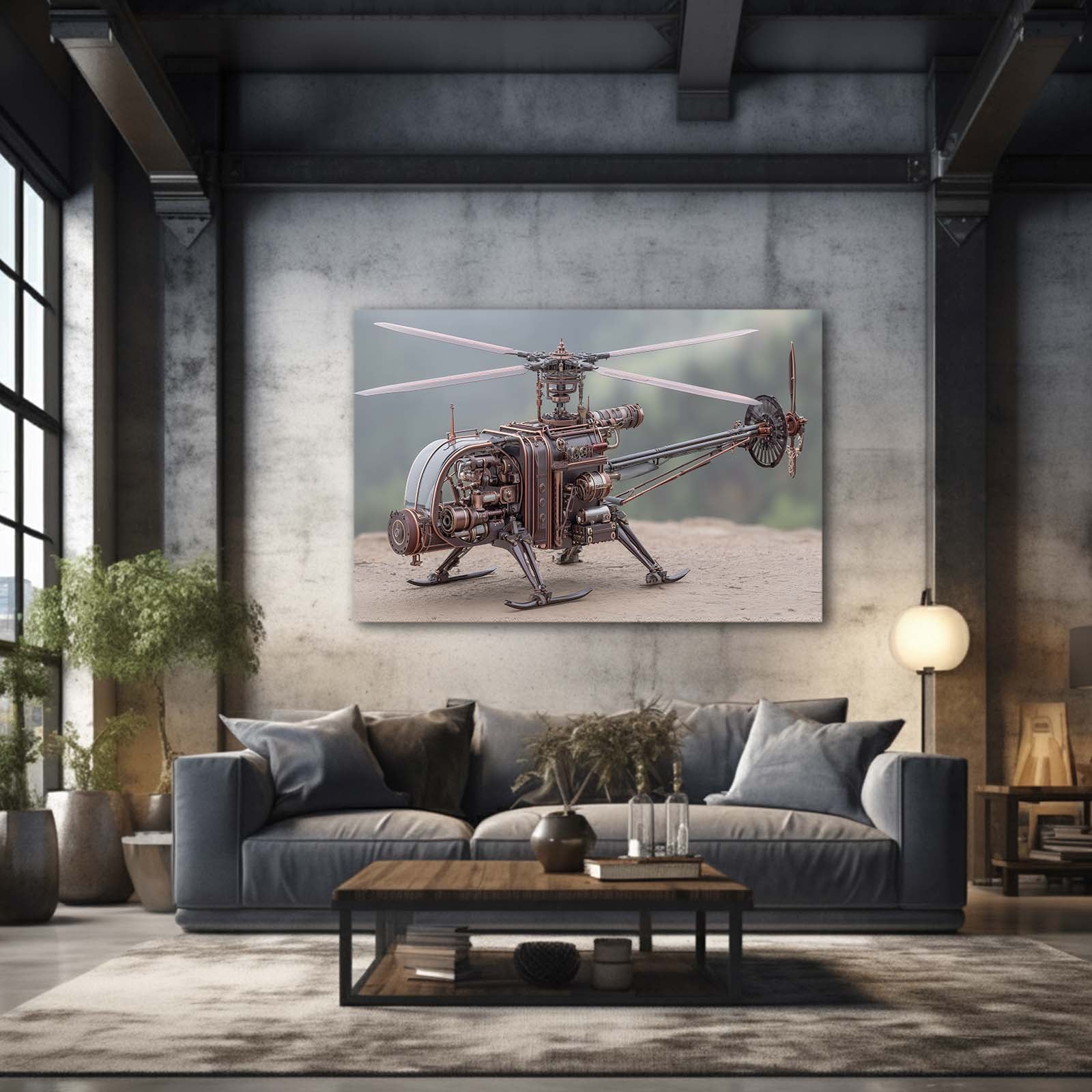 Copper Steam Gyrocopter Steampunk Art – styled in a furnished interior