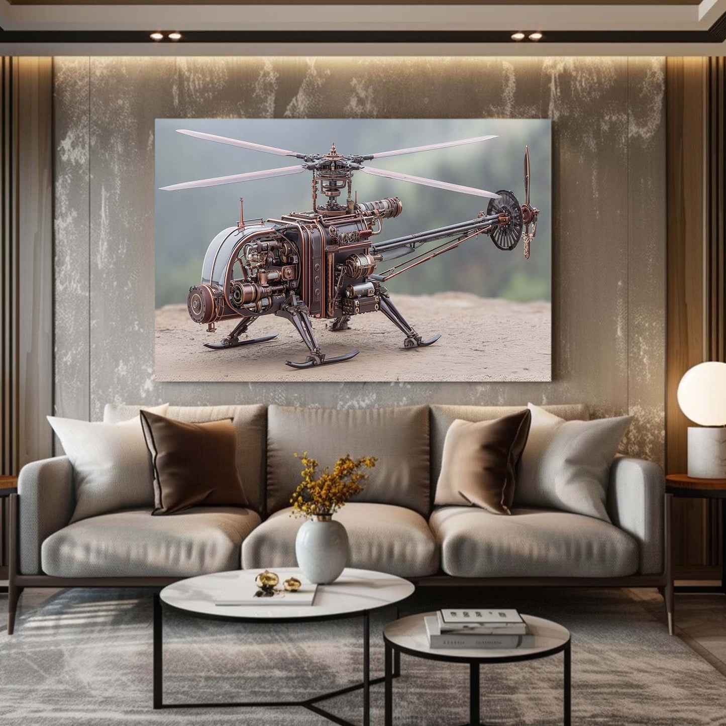 Copper Steam Gyrocopter Steampunk Art – styled in a furnished interior