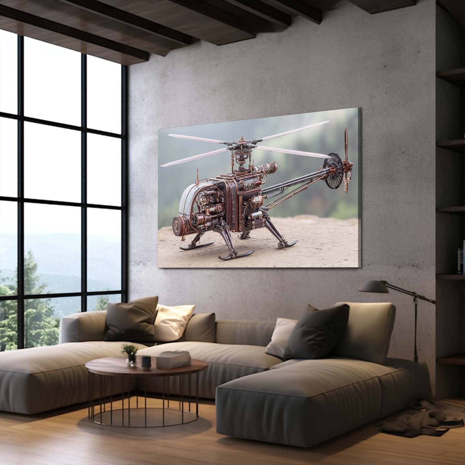 Copper Steam Gyrocopter Steampunk Art – styled in a furnished interior
