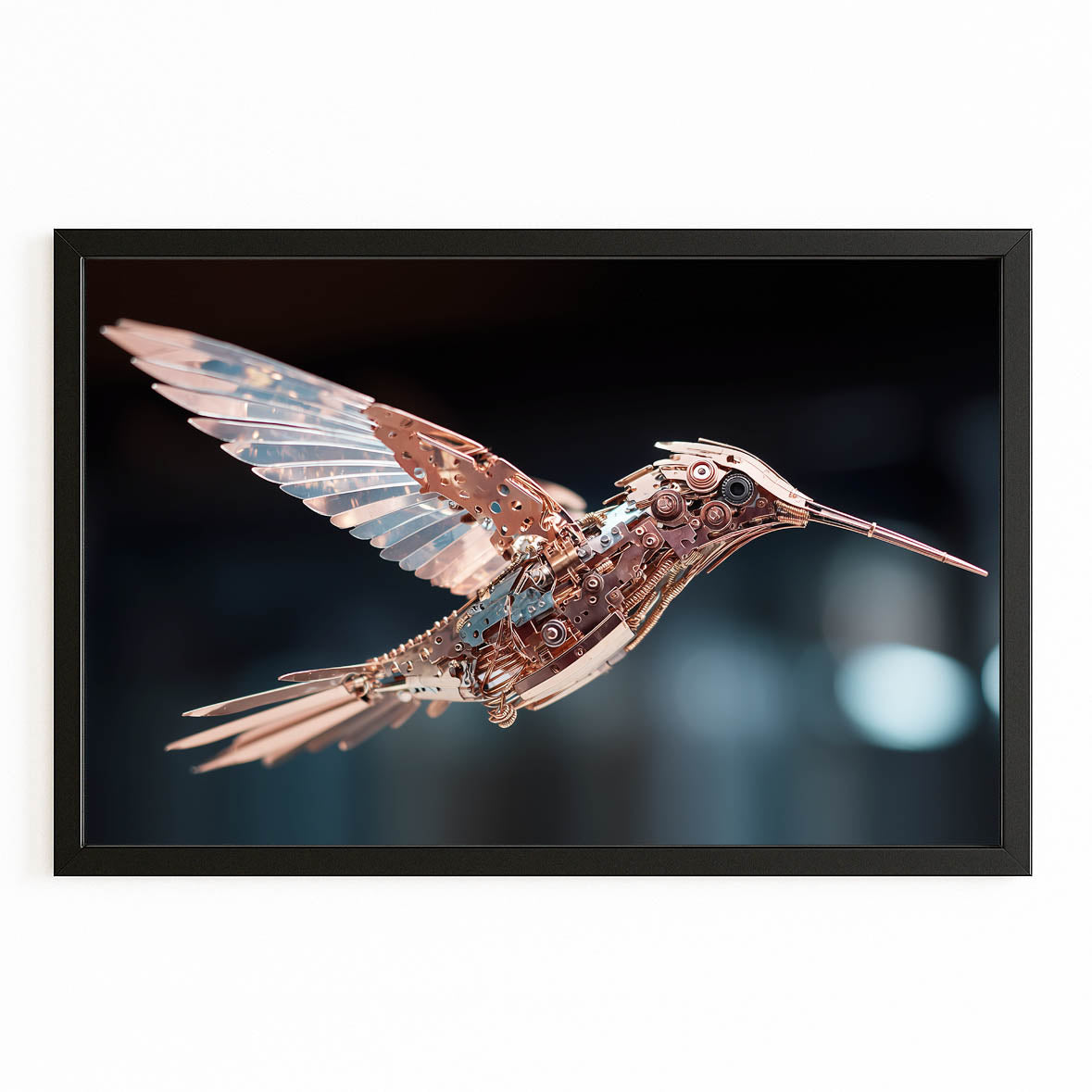 Copper Steam Hummingbird Steampunk Prints – with Premium Black frame on white background