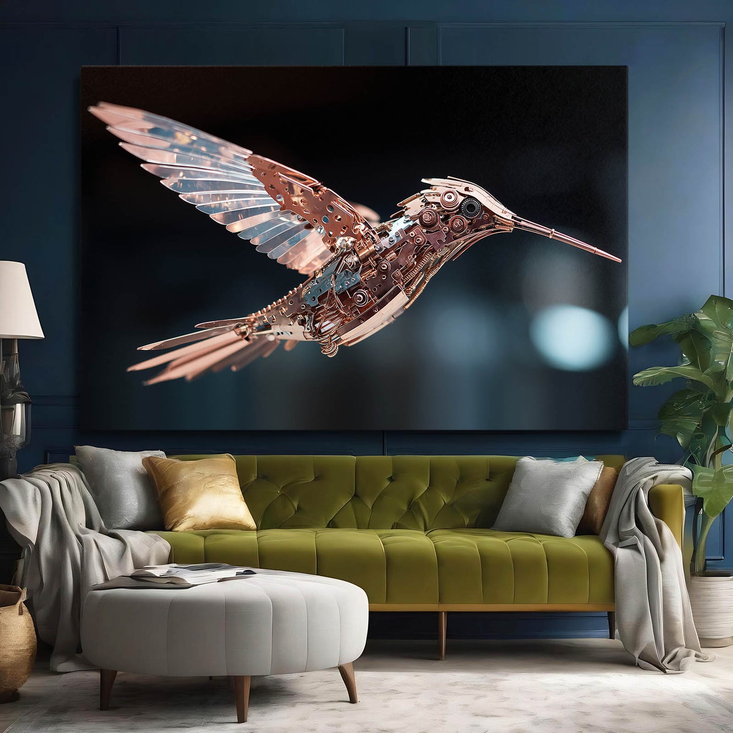 Copper Steam Hummingbird Steampunk Prints – styled in a furnished interior