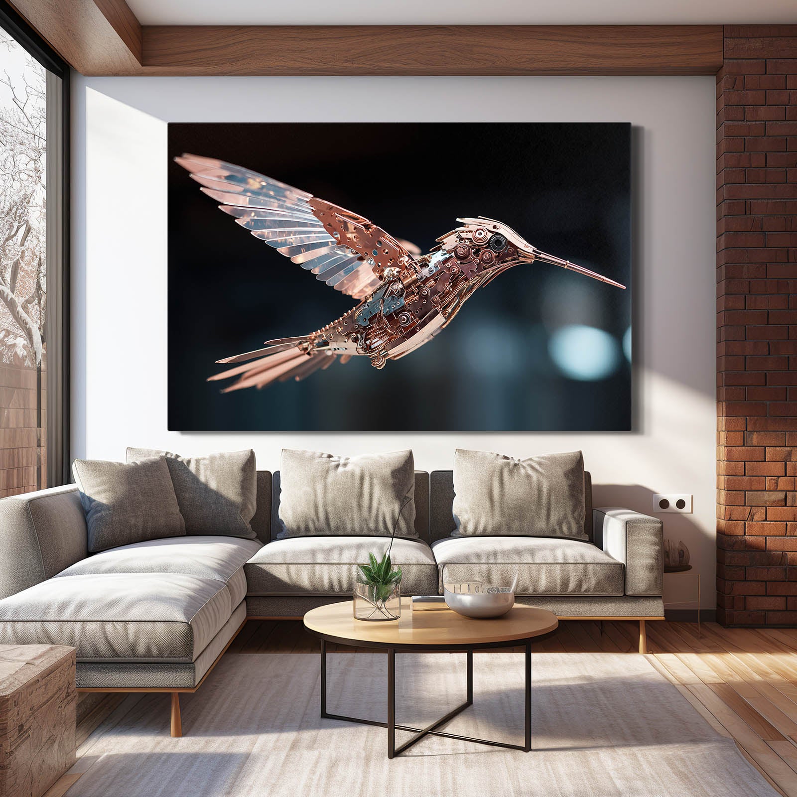 Copper Steam Hummingbird Steampunk Prints – styled in a furnished interior