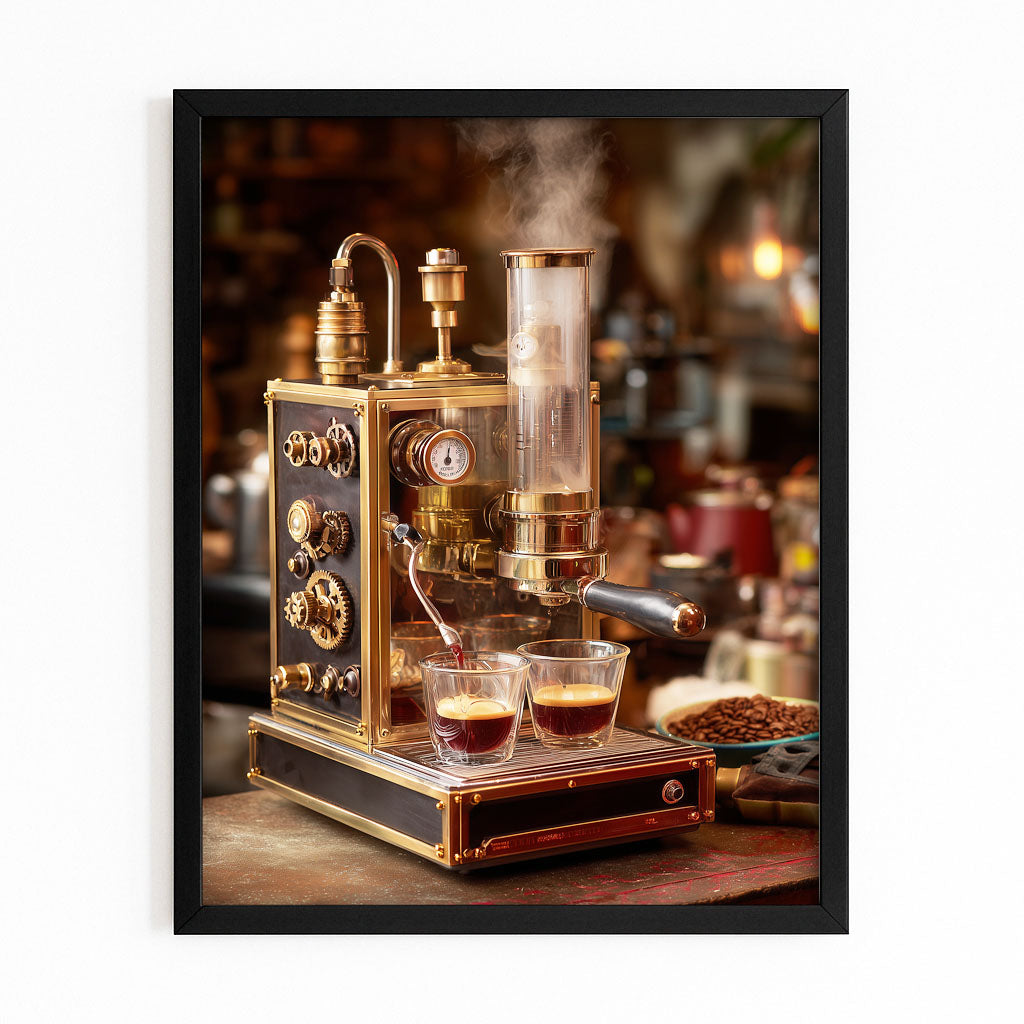 Copper Whiskey Still Steampunk Wall Decor – with Premium Black frame on white background
