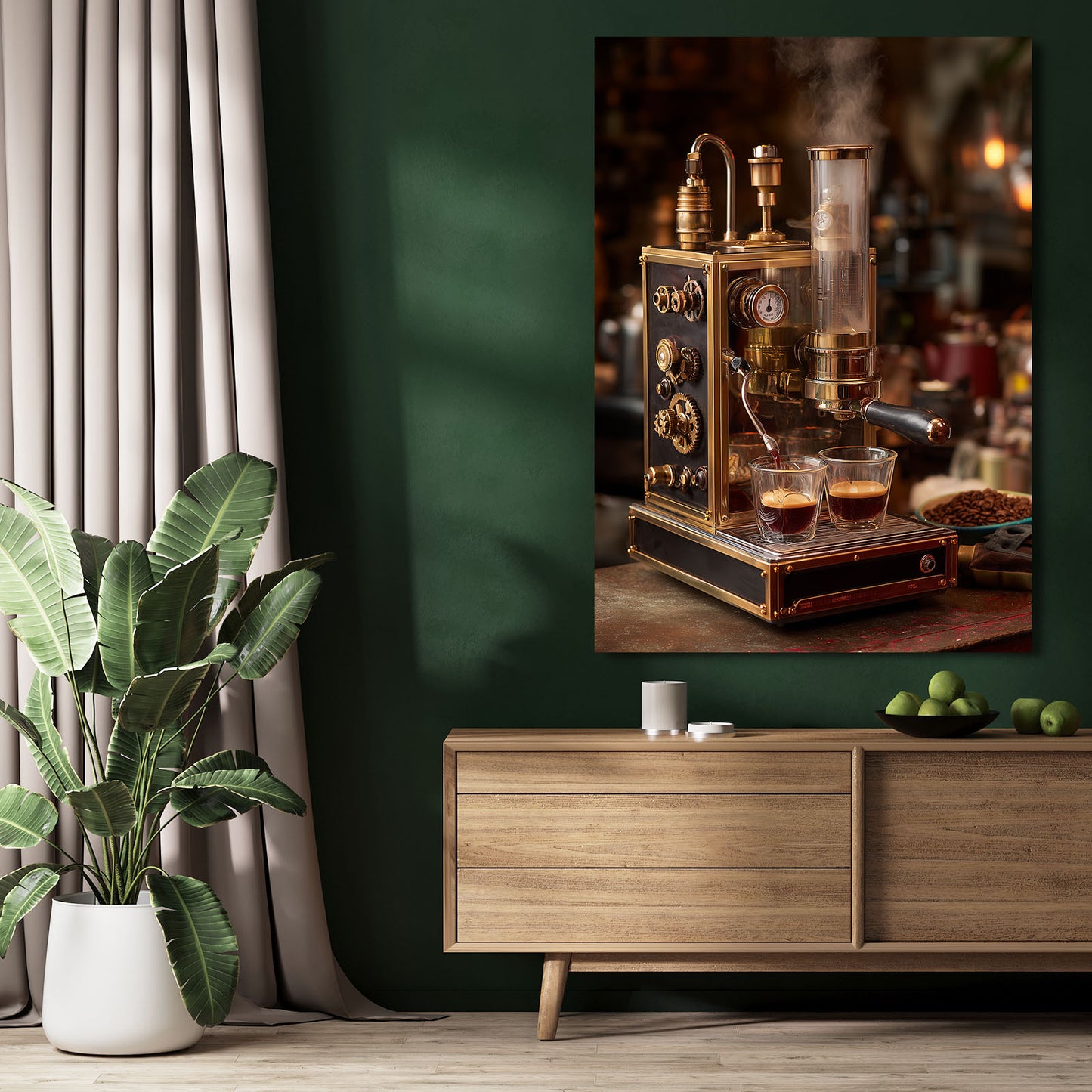 Copper Whiskey Still Steampunk Wall Decor – styled in a furnished interior