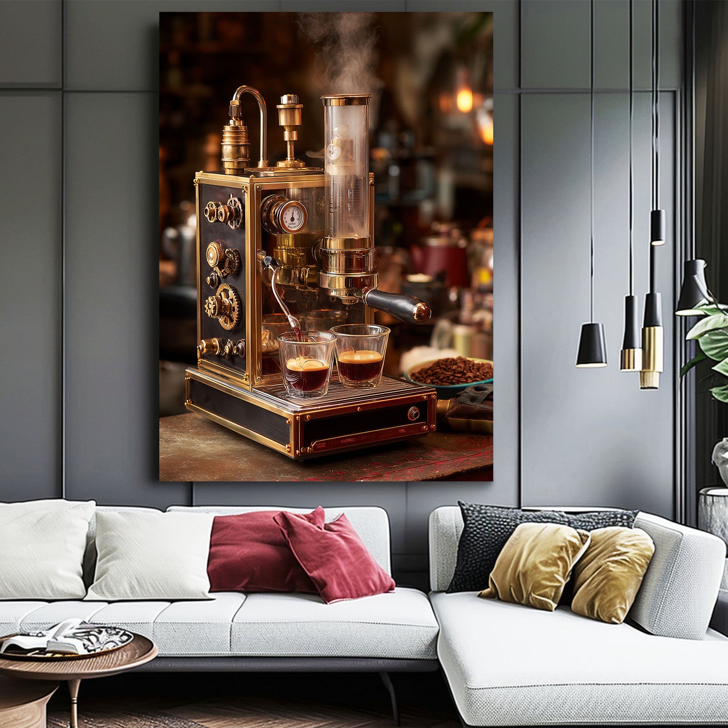 Copper Whiskey Still Steampunk Wall Decor – styled in a furnished interior