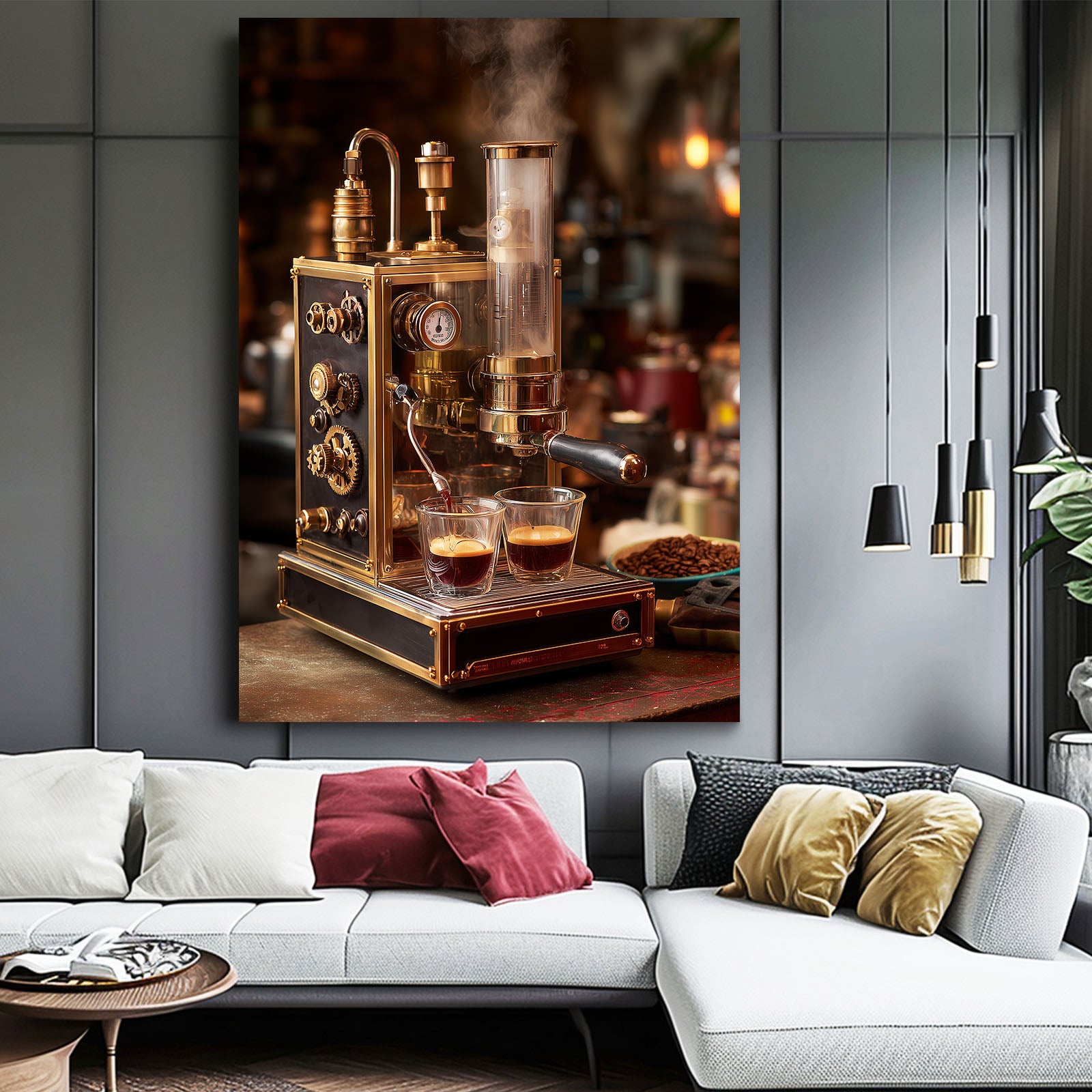 Copper Whiskey Still Steampunk Wall Decor – styled in a furnished interior