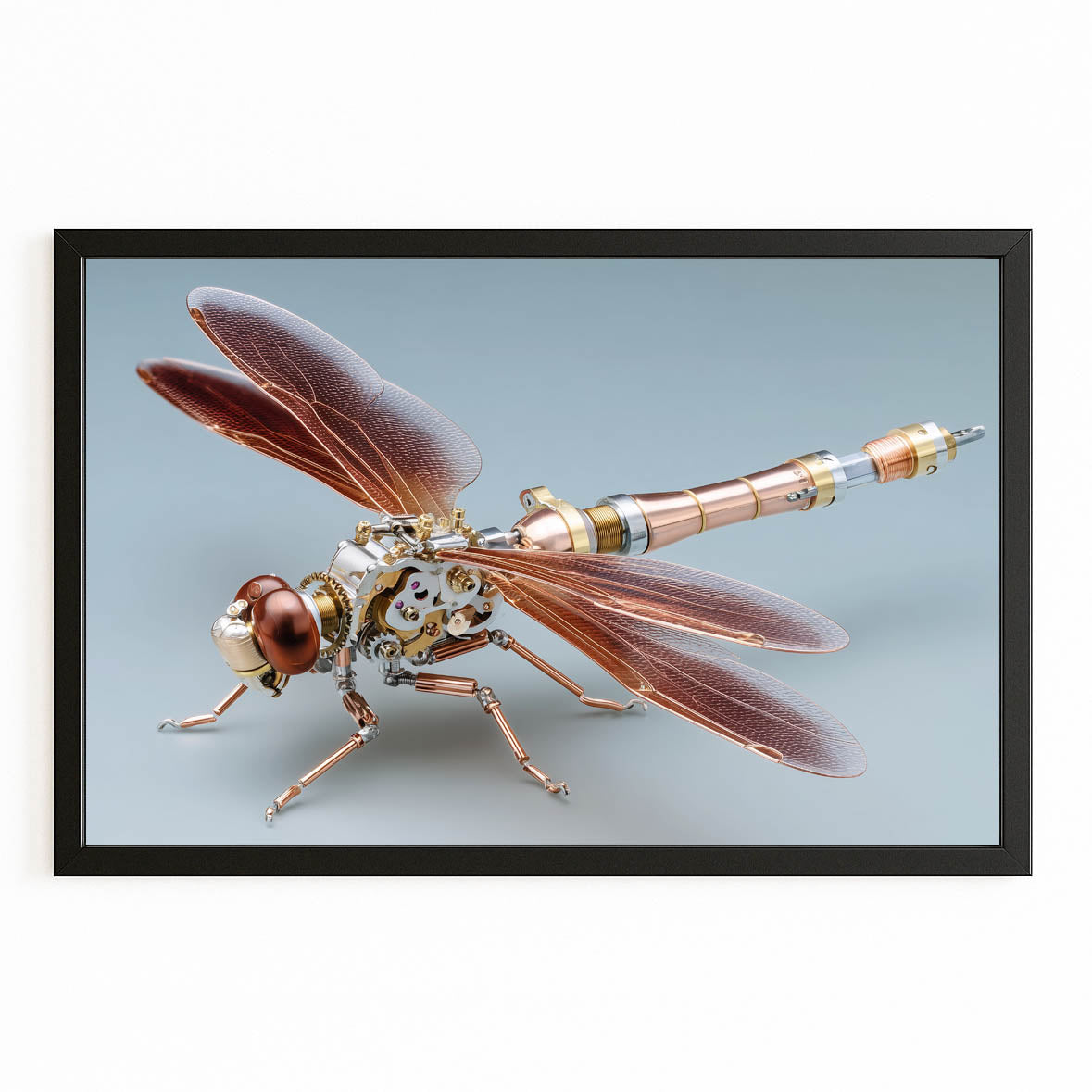 Copper Wing Dragonfly Steampunk Art – with Premium Black frame on white background