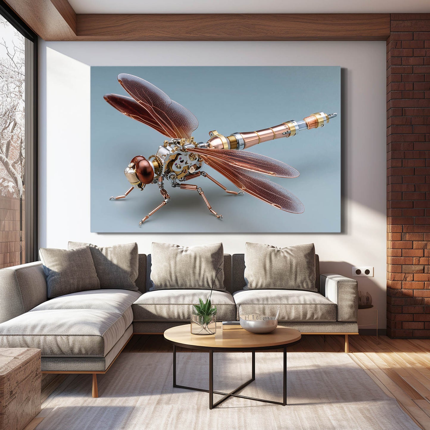 Copper Wing Dragonfly Steampunk Art – styled in a furnished interior