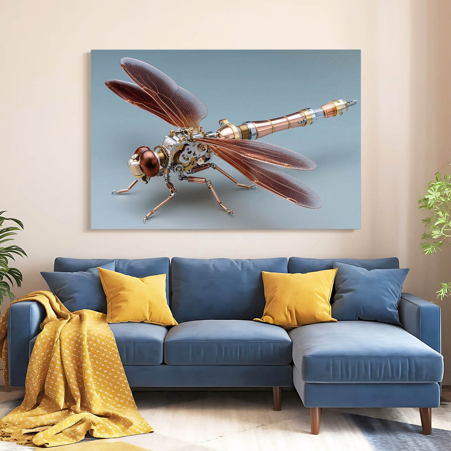 Copper Wing Dragonfly Steampunk Art – styled in a furnished interior