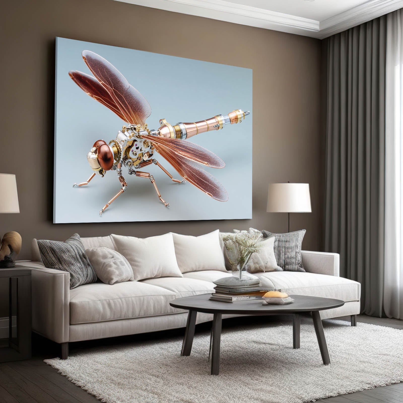 Copper Wing Dragonfly Steampunk Art – styled in a furnished interior