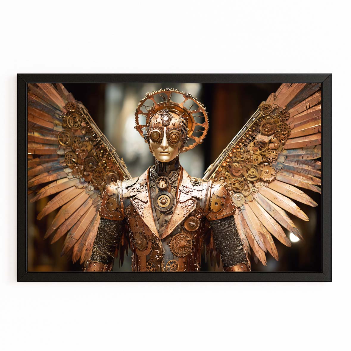 Copper Winged Automaton Steampunk Wall Decor – with Premium Black frame on white background