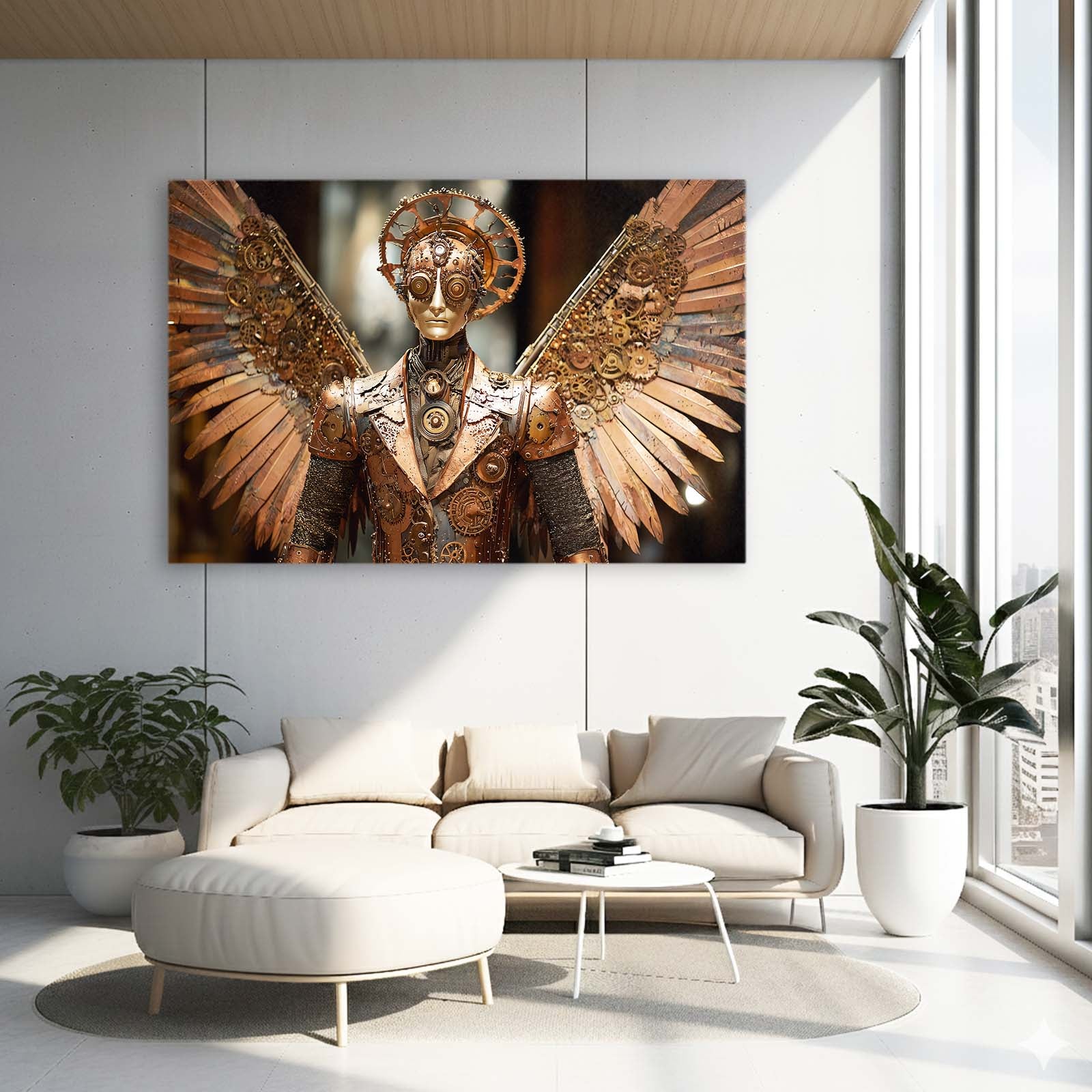 Copper Winged Automaton Steampunk Wall Decor – styled in a furnished interior
