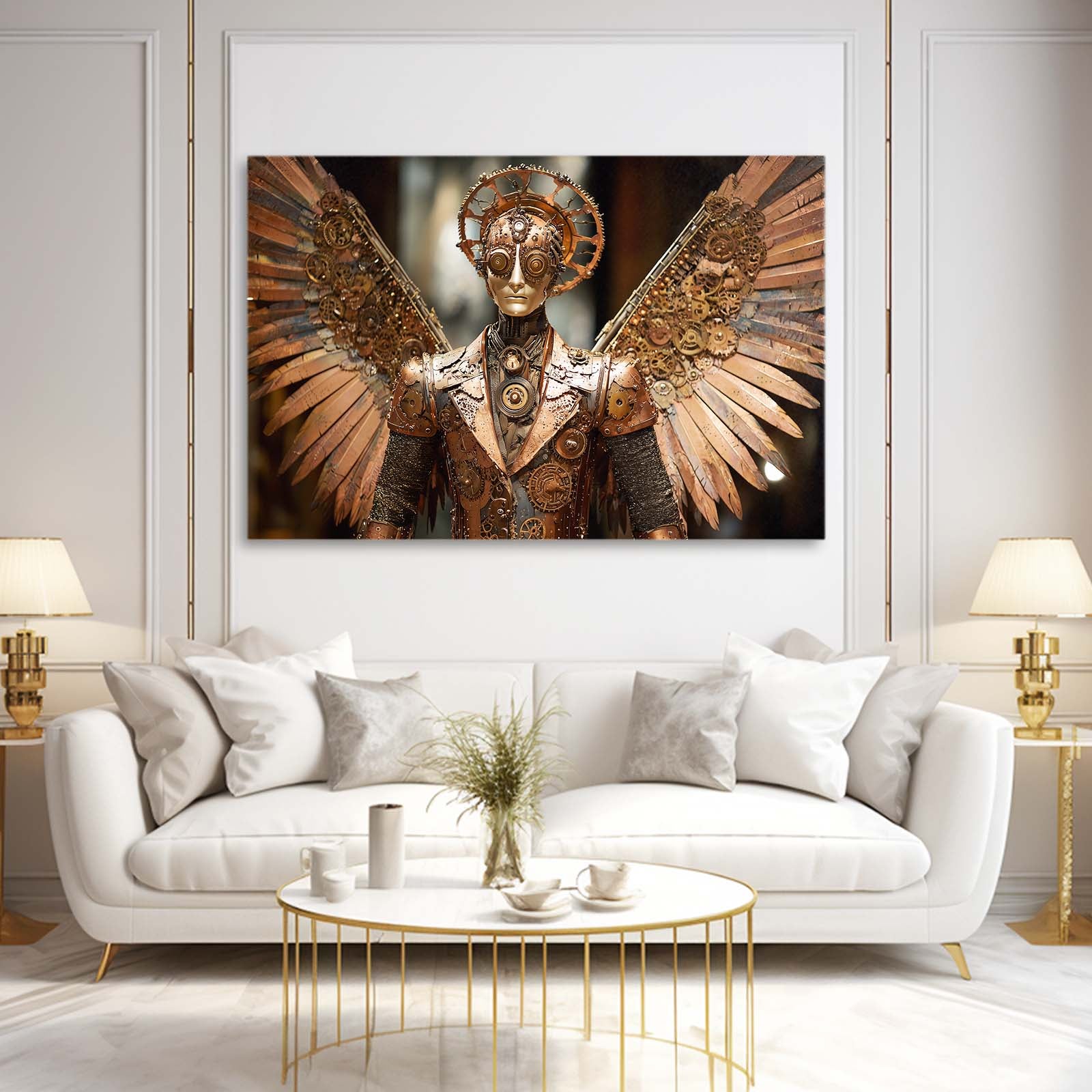 Copper Winged Automaton Steampunk Wall Decor – styled in a furnished interior
