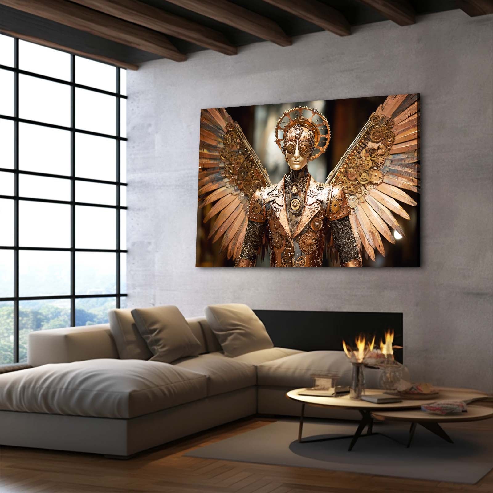 Copper Winged Automaton Steampunk Wall Decor – styled in a furnished interior