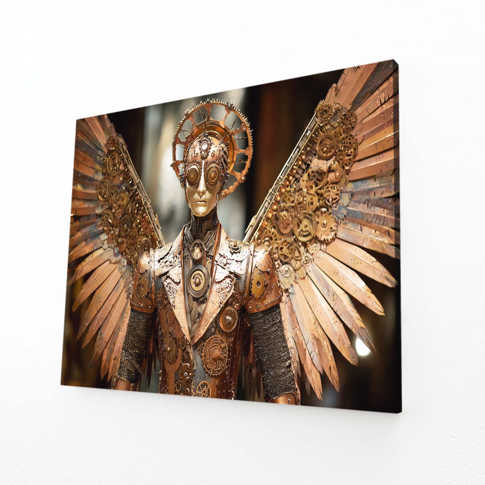 Copper Winged Automaton Steampunk Wall Decor – angled canvas view on white background