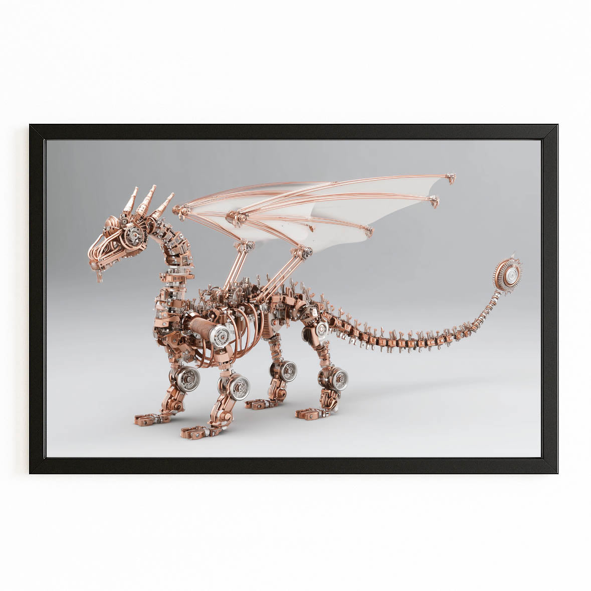 Copper Winged Dragon Steampunk Wall Decor – with Premium Black frame on white background