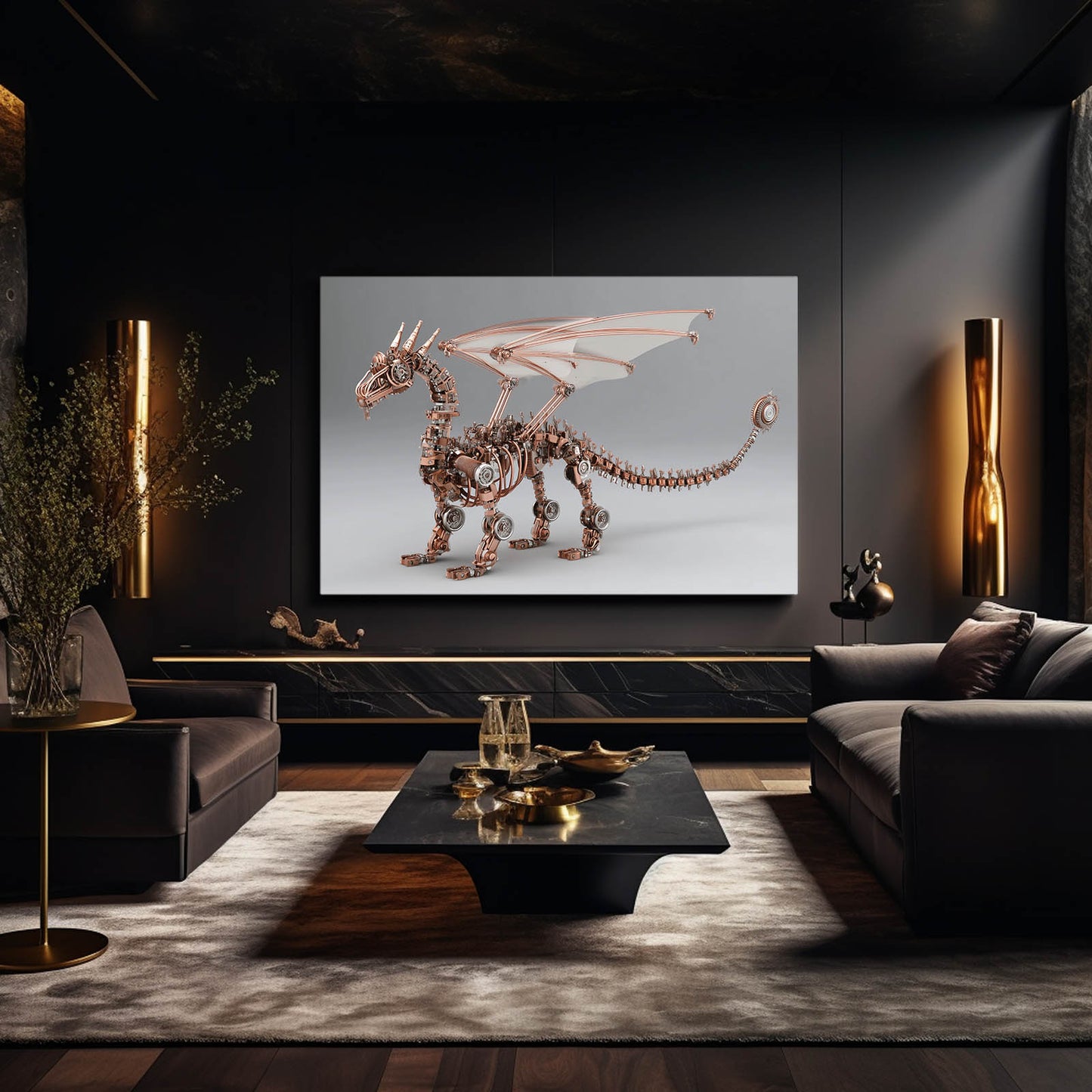 Copper Winged Dragon Steampunk Wall Decor – styled in a furnished interior