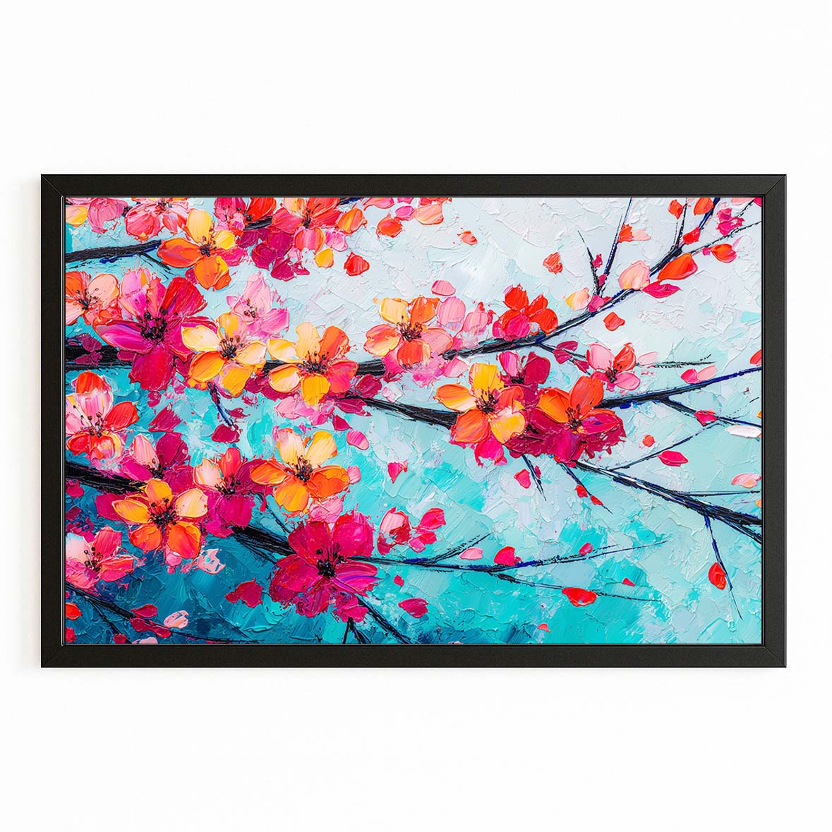 Coral Branch Turquoise Cherry Blossom Canvas – with Premium Black frame on white background