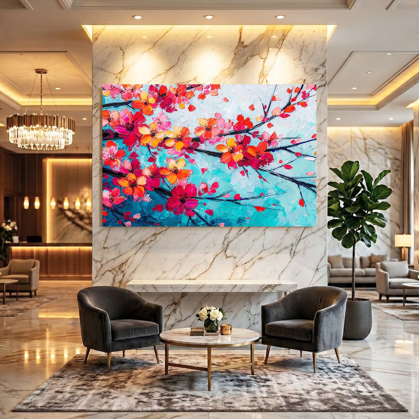 Coral Branch Turquoise Cherry Blossom Canvas – styled in a furnished interior