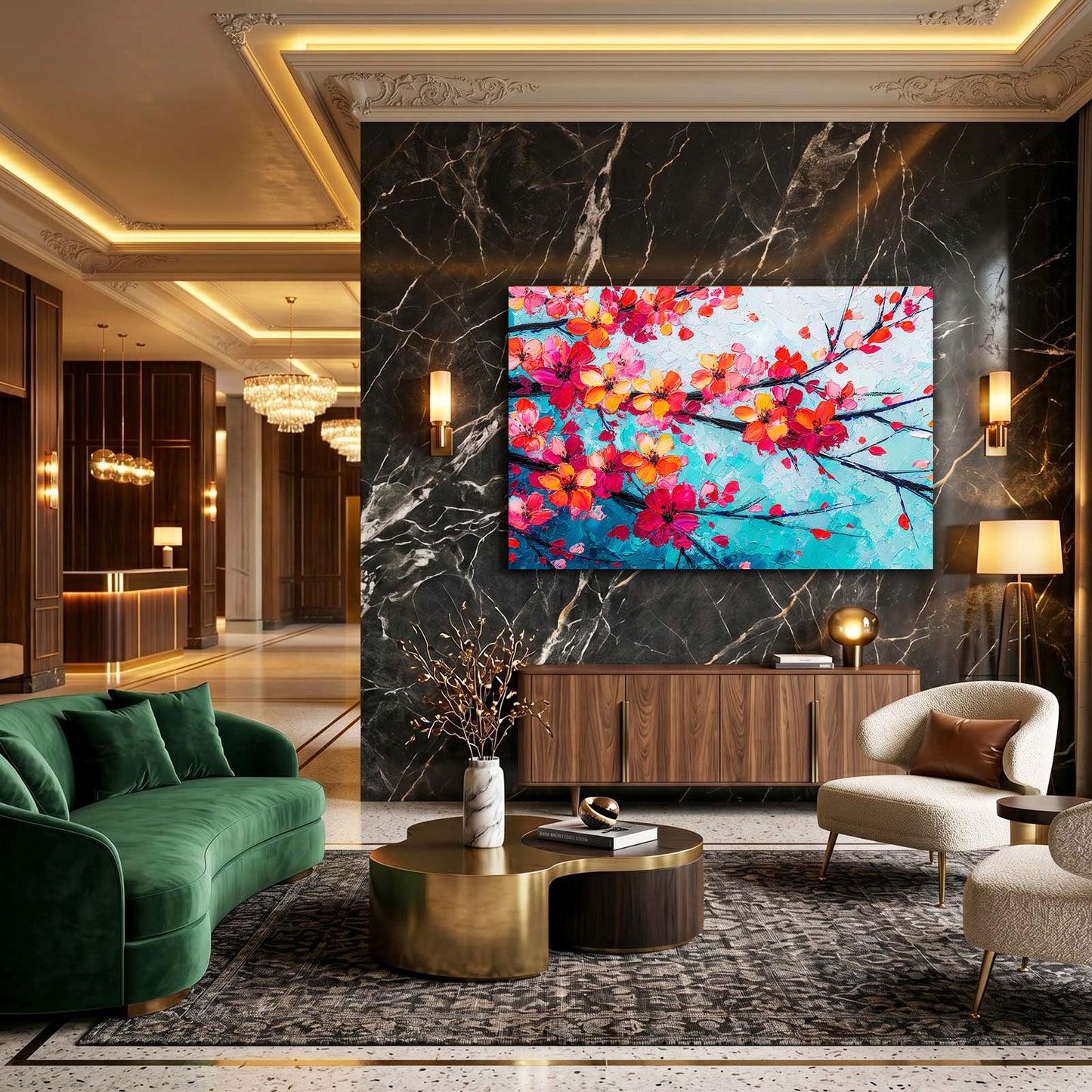 Coral Branch Turquoise Cherry Blossom Canvas – styled in a furnished interior
