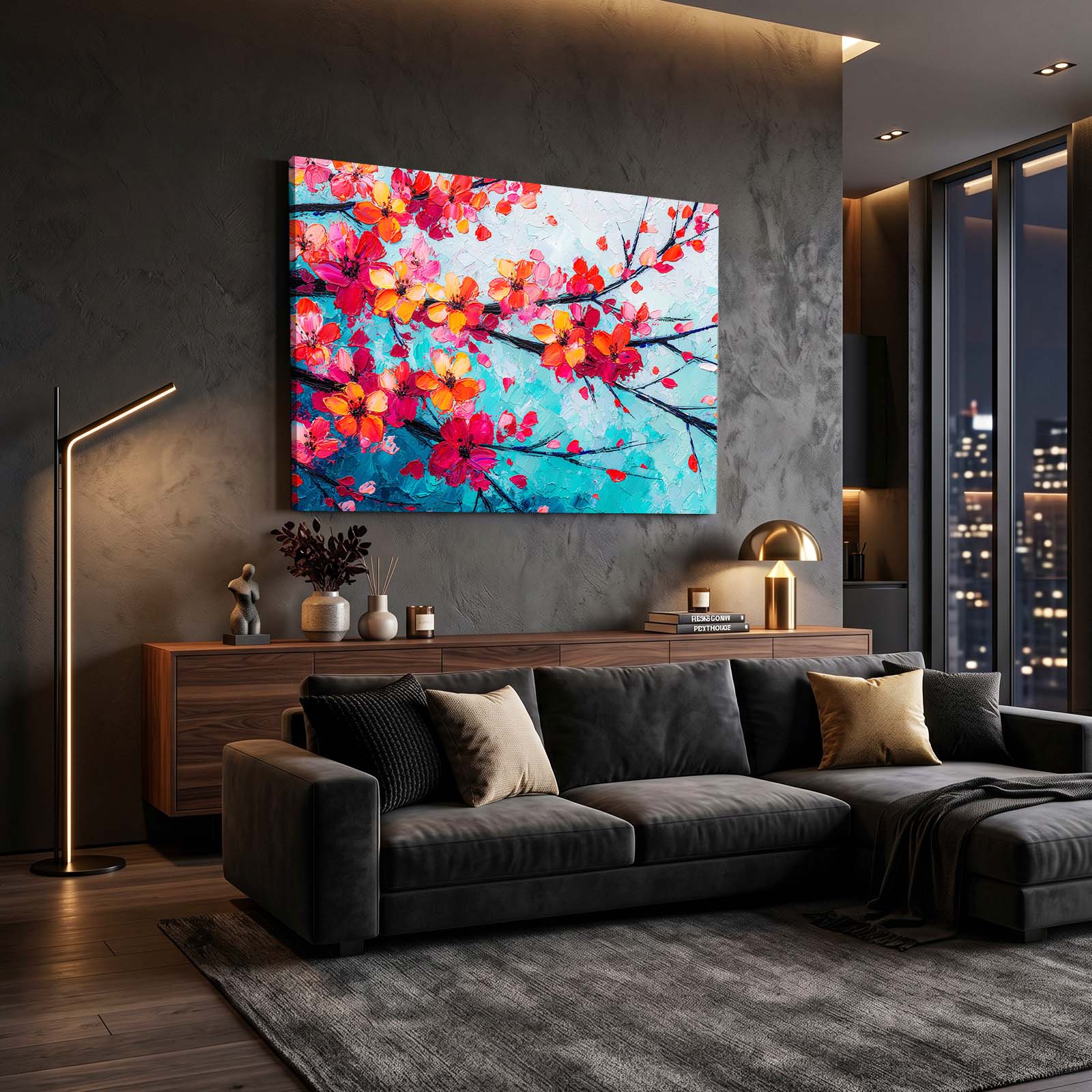 Coral Branch Turquoise Cherry Blossom Canvas – styled in a furnished interior