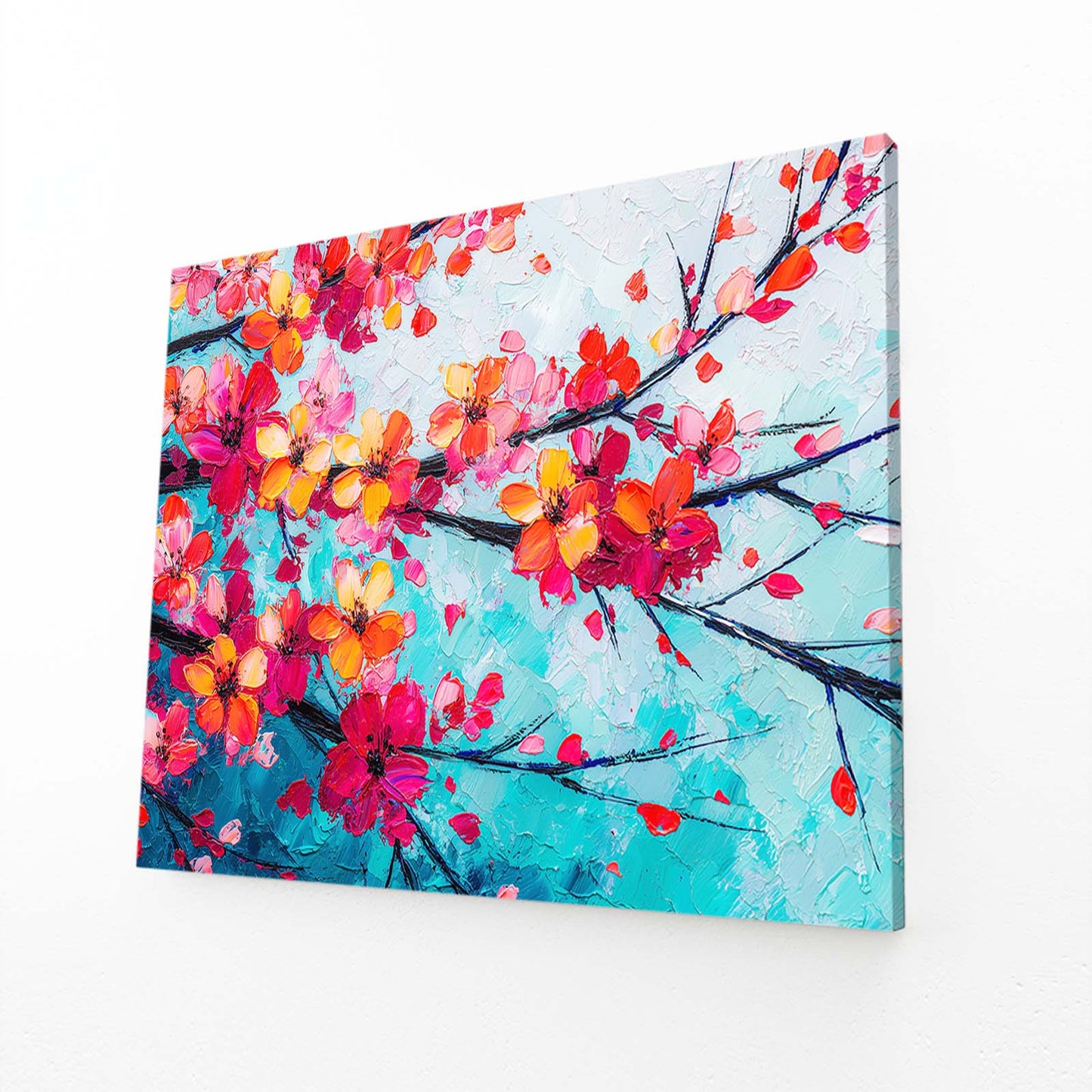 Coral Branch Turquoise Cherry Blossom Canvas – angled canvas view on white background