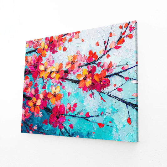 Coral Branch Turquoise Cherry Blossom Canvas – angled canvas view on white background