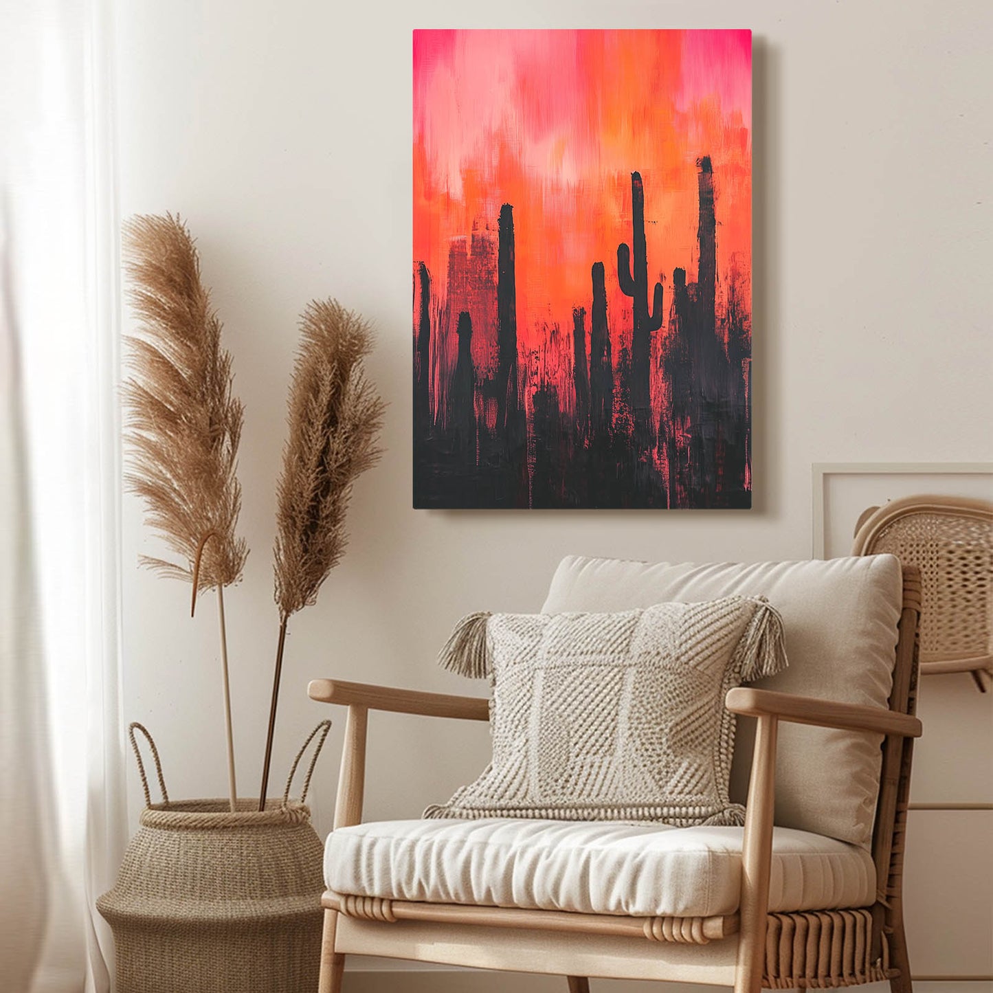Coral Haze Silhouette Cactus Wall Art – styled in a furnished interior