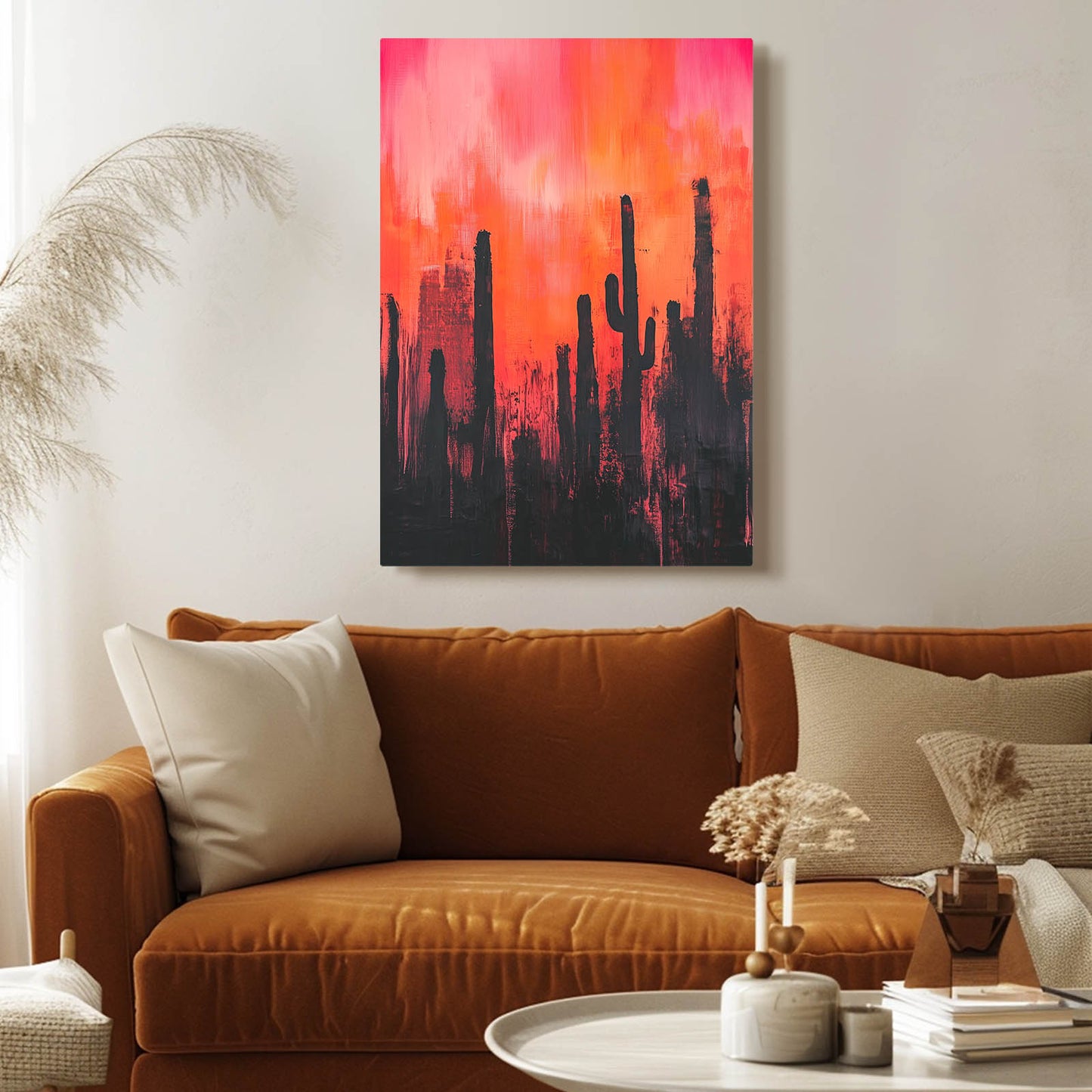 Coral Haze Silhouette Cactus Wall Art – styled in a furnished interior