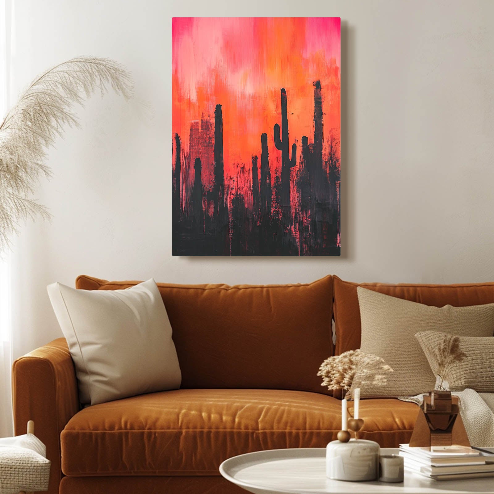 Coral Haze Silhouette Cactus Wall Art – styled in a furnished interior