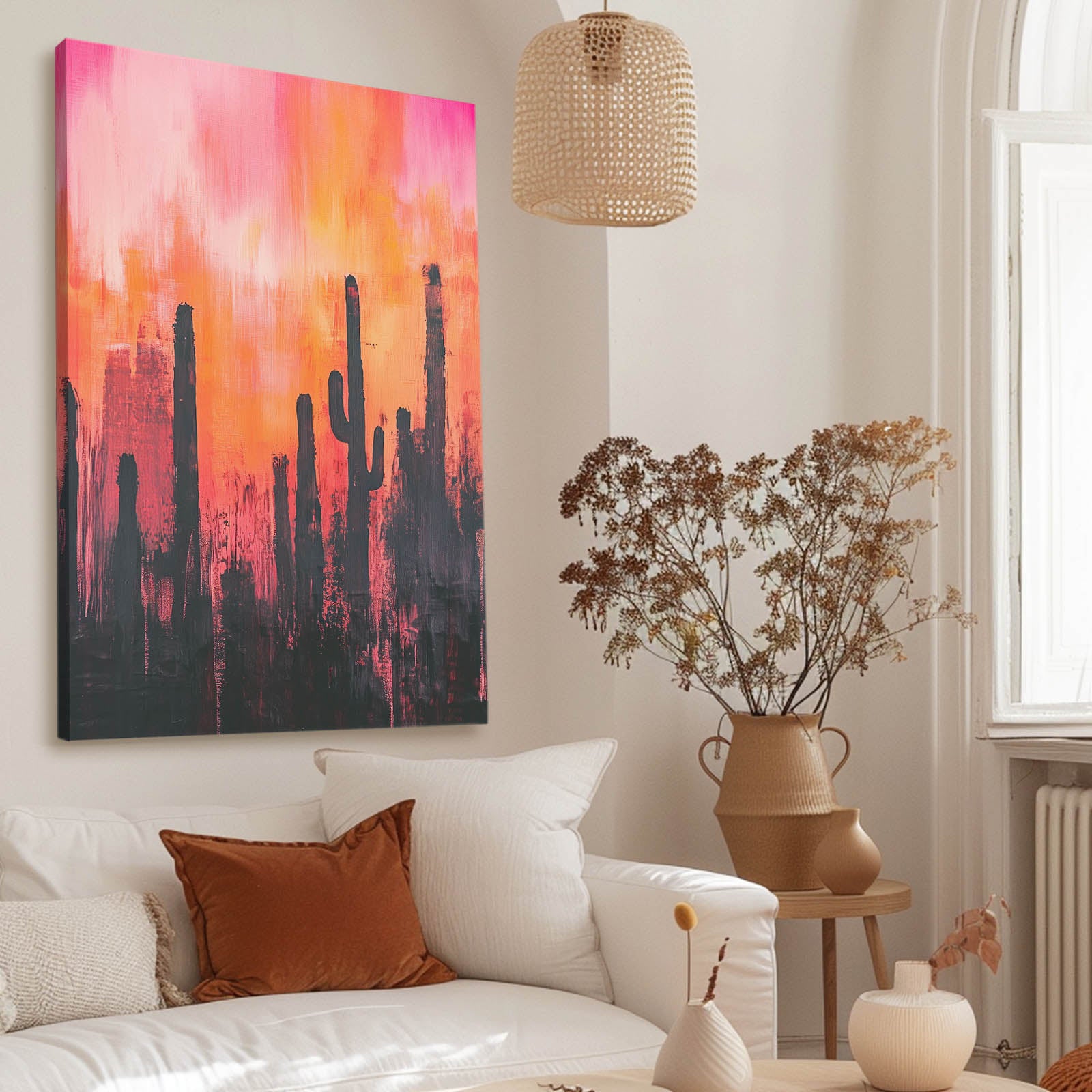 Coral Haze Silhouette Cactus Wall Art – styled in a furnished interior