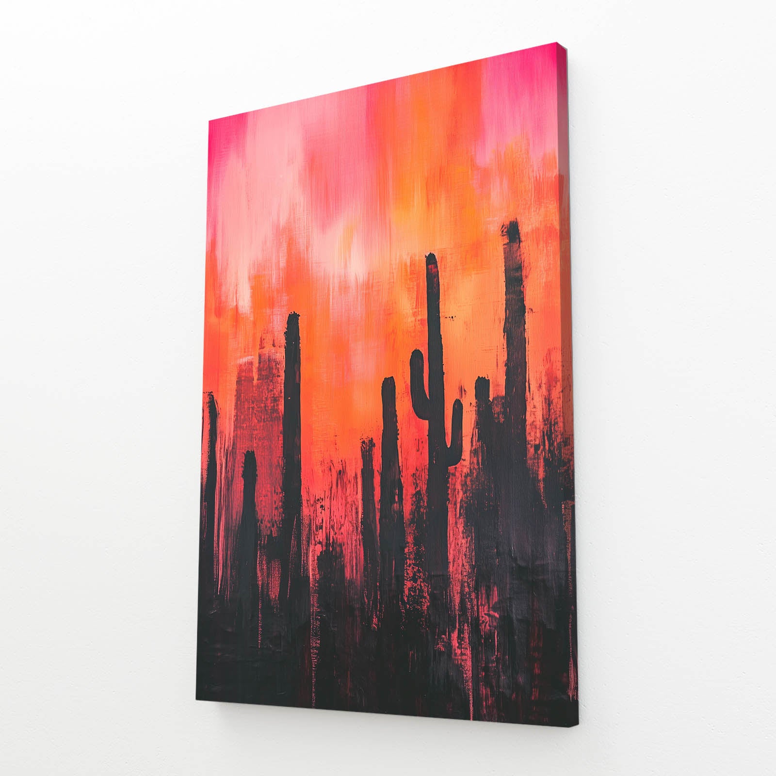 Coral Haze Silhouette Cactus Wall Art – angled canvas view on white background