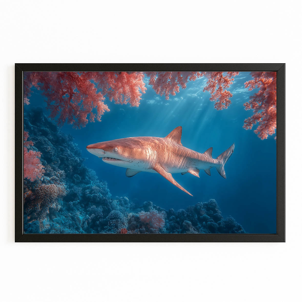 Coral Pink Reef Shark Canvas Art – with Premium Black frame on white background