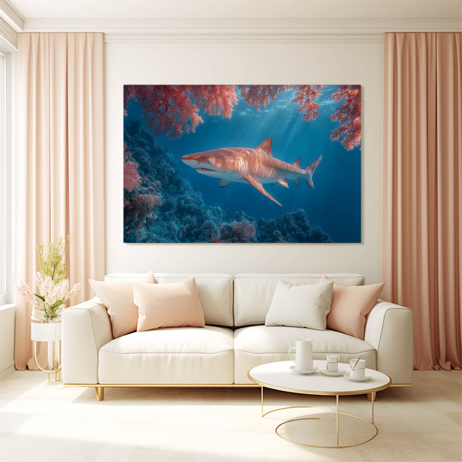 Coral Pink Reef Shark Canvas Art – styled in a furnished interior