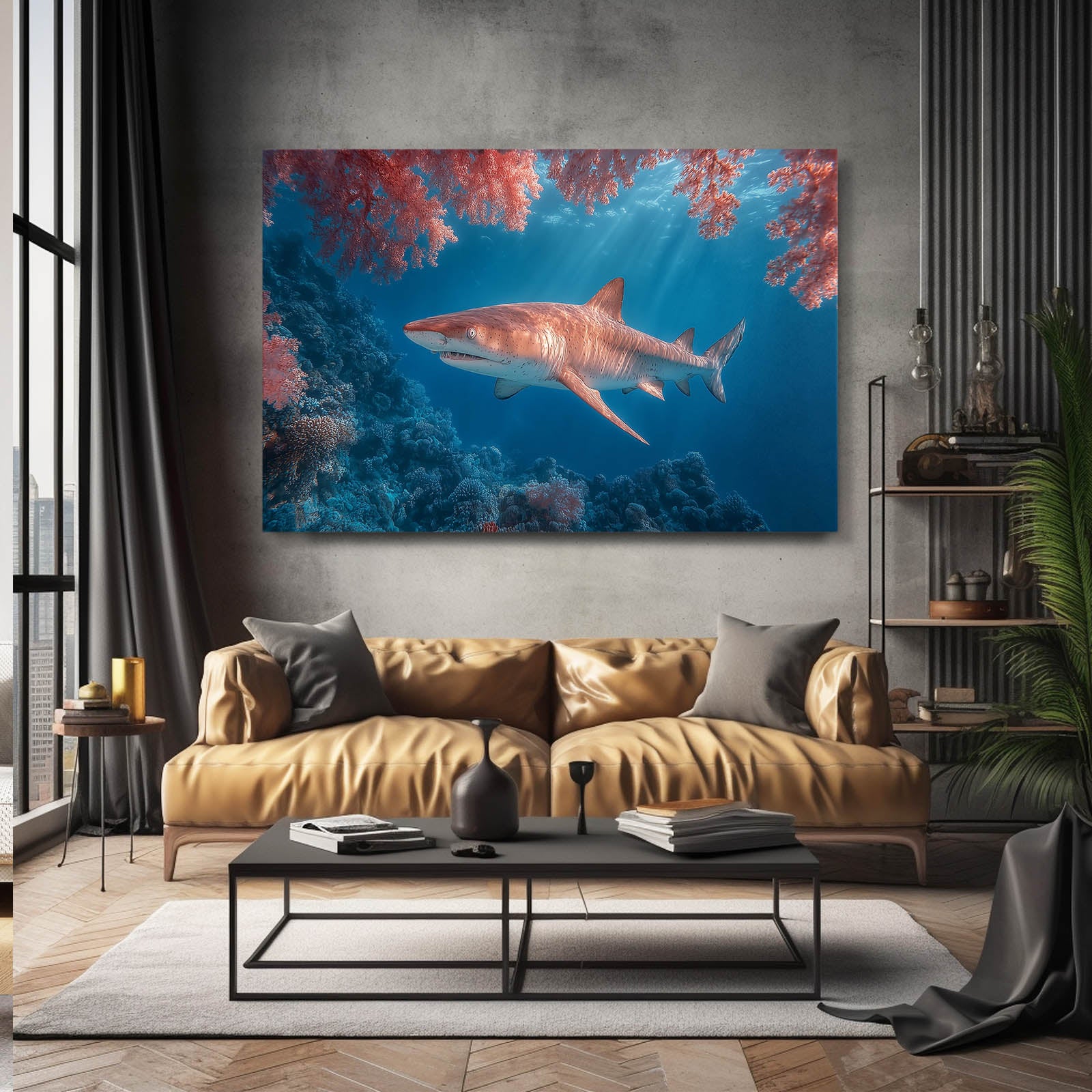 Coral Pink Reef Shark Canvas Art – styled in a furnished interior