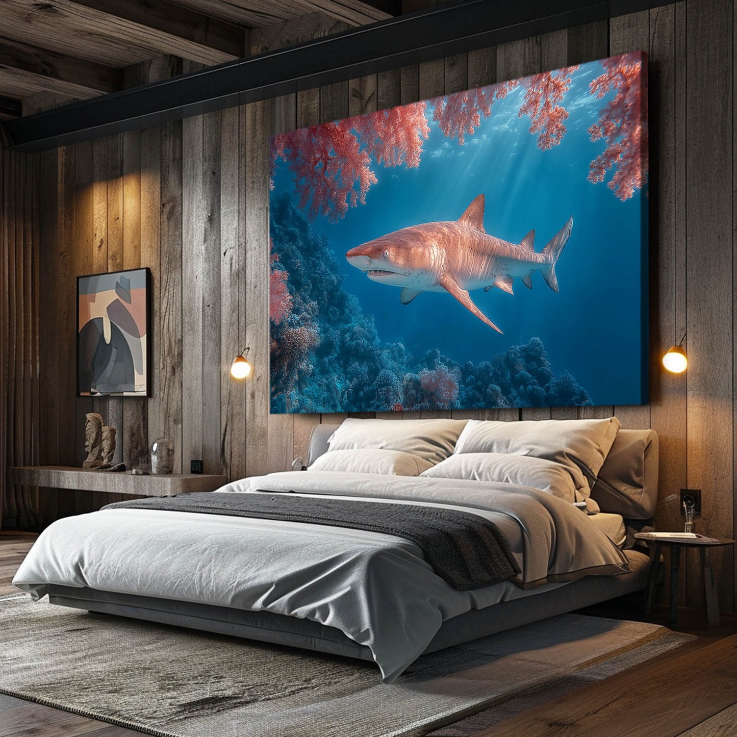 Coral Pink Reef Shark Canvas Art – styled in a furnished interior