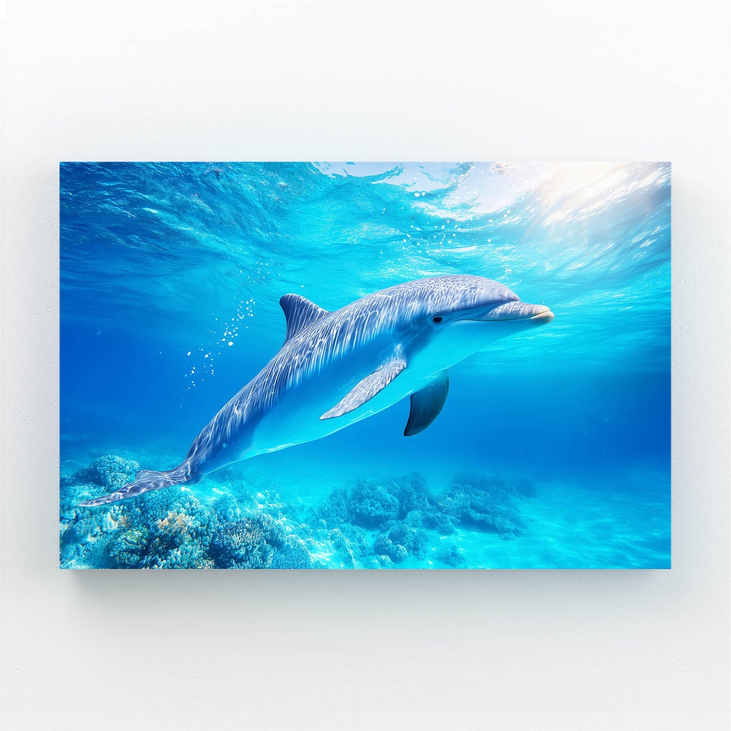 Coral Reef Glide Dolphin Print – dolphin gliding over a sunlit coral reef seafloor in vivid turquoise water