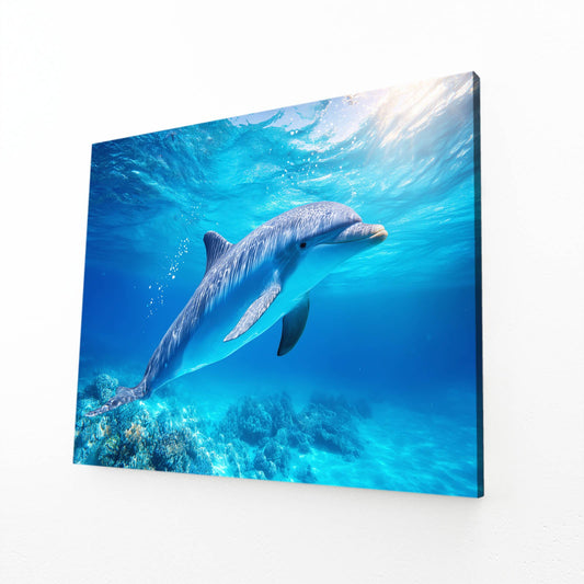 Coral Reef Glide Dolphin Print – angled canvas view on white background