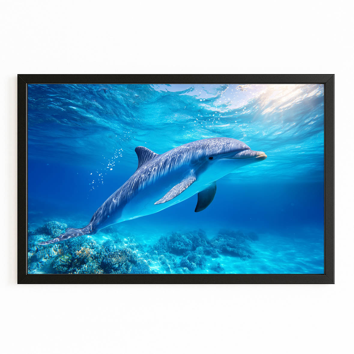 Coral Reef Glide Dolphin Print – with Premium Black wood frame on white background